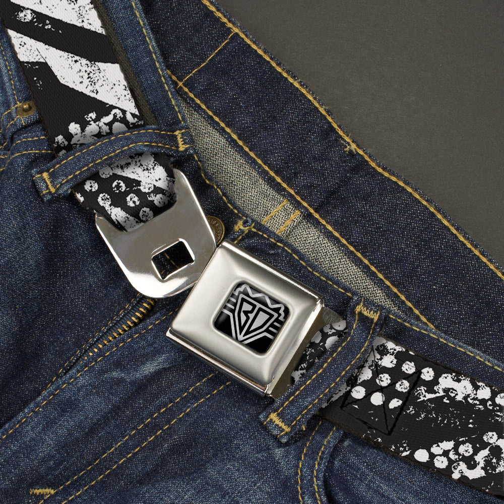 BD Wings Logo CLOSE-UP Full Color Black Silver Seatbelt Belt - Grunge Tread Black/White Webbing Seatbelt Belts Buckle-Down