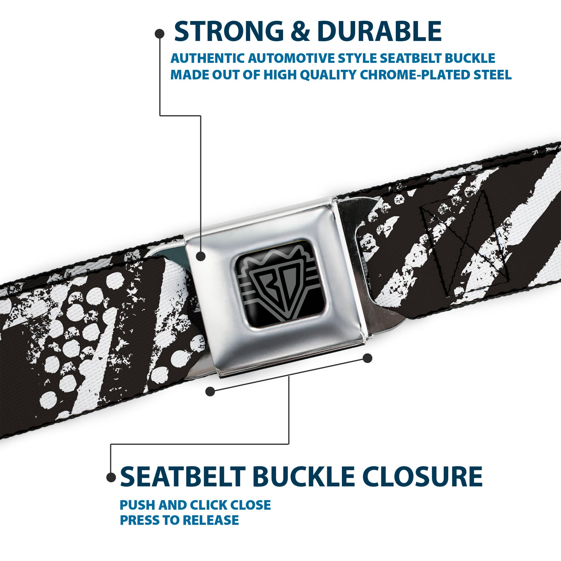 BD Wings Logo CLOSE-UP Full Color Black Silver Seatbelt Belt - Grunge Tread Black/White Webbing Seatbelt Belts Buckle-Down