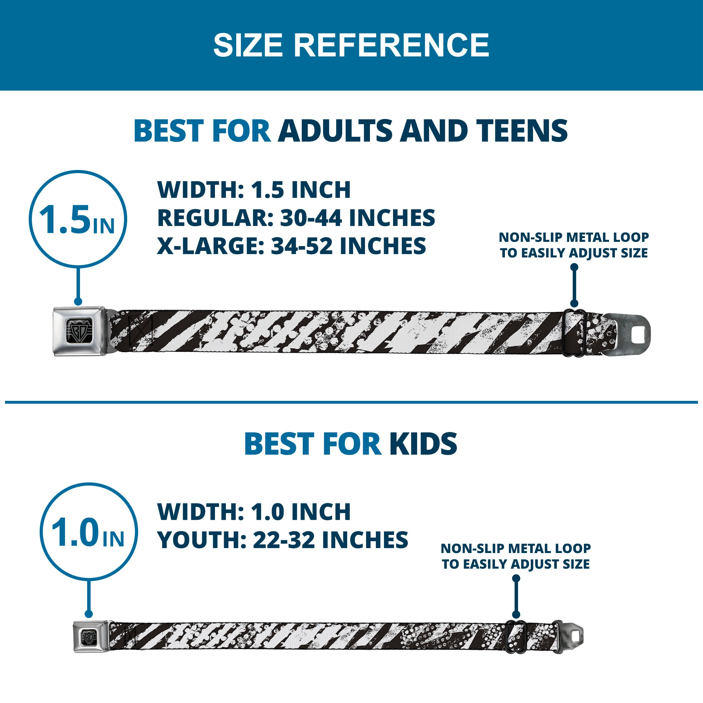 BD Wings Logo CLOSE-UP Full Color Black Silver Seatbelt Belt - Grunge Tread Black/White Webbing Seatbelt Belts Buckle-Down