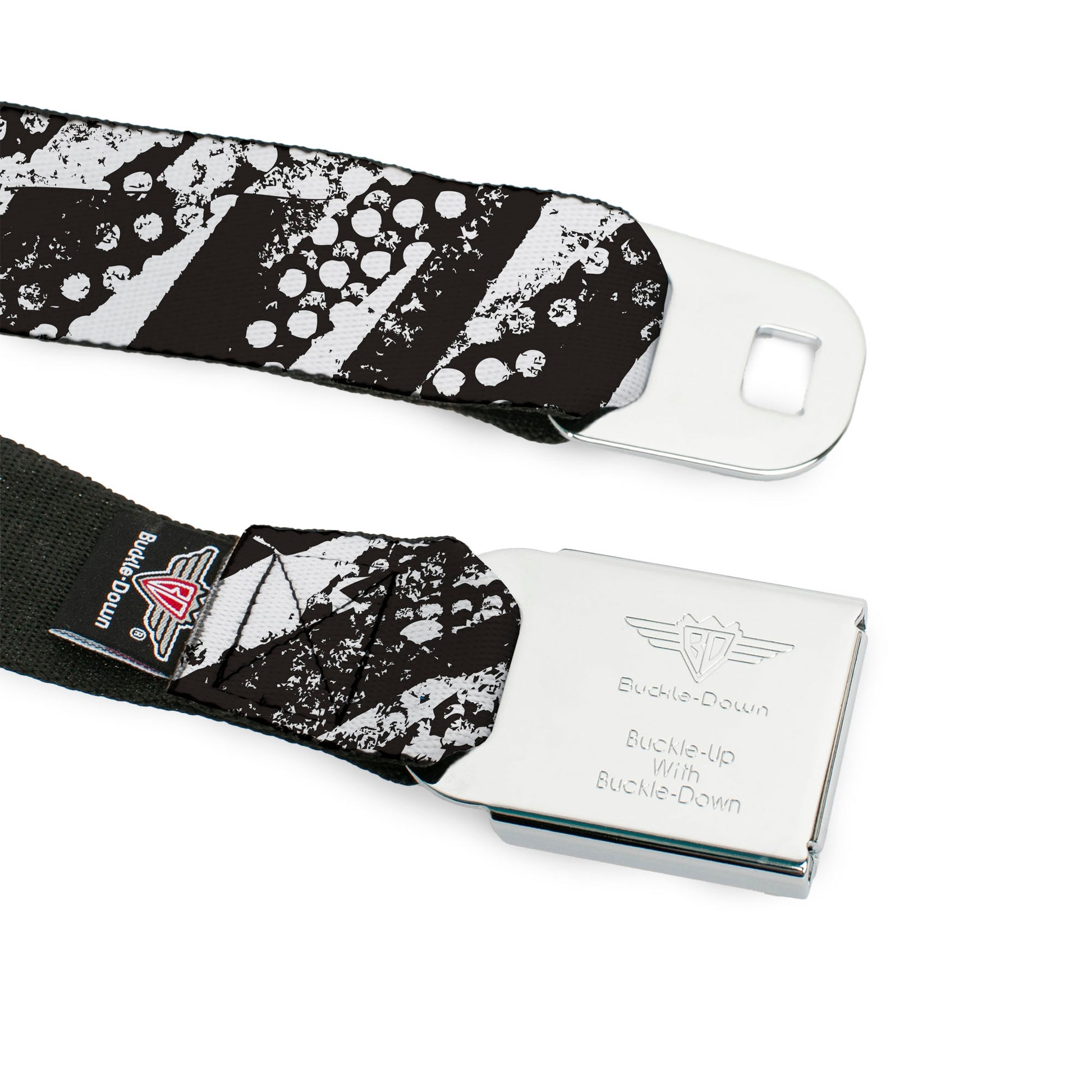 BD Wings Logo CLOSE-UP Full Color Black Silver Seatbelt Belt - Grunge Tread Black/White Webbing Seatbelt Belts Buckle-Down