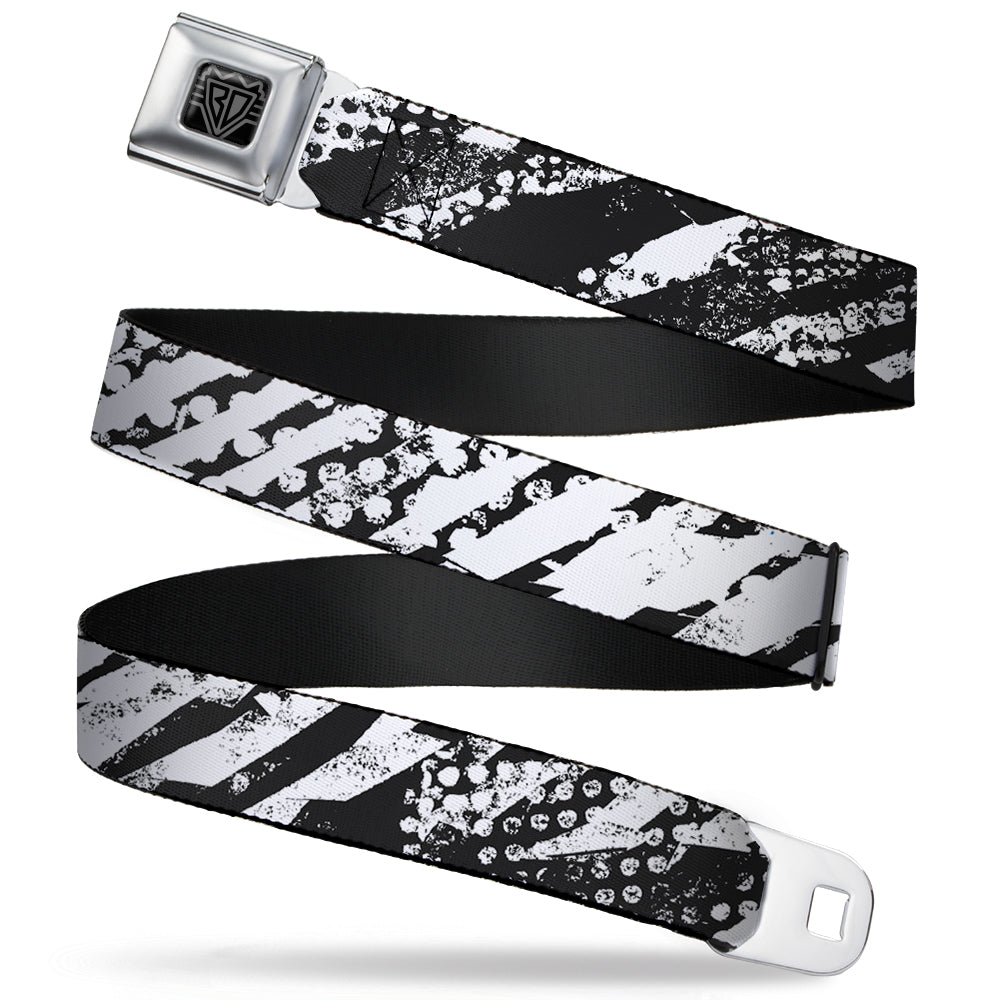 BD Wings Logo CLOSE-UP Full Color Black Silver Seatbelt Belt - Grunge Tread Black/White Webbing Seatbelt Belts Buckle-Down