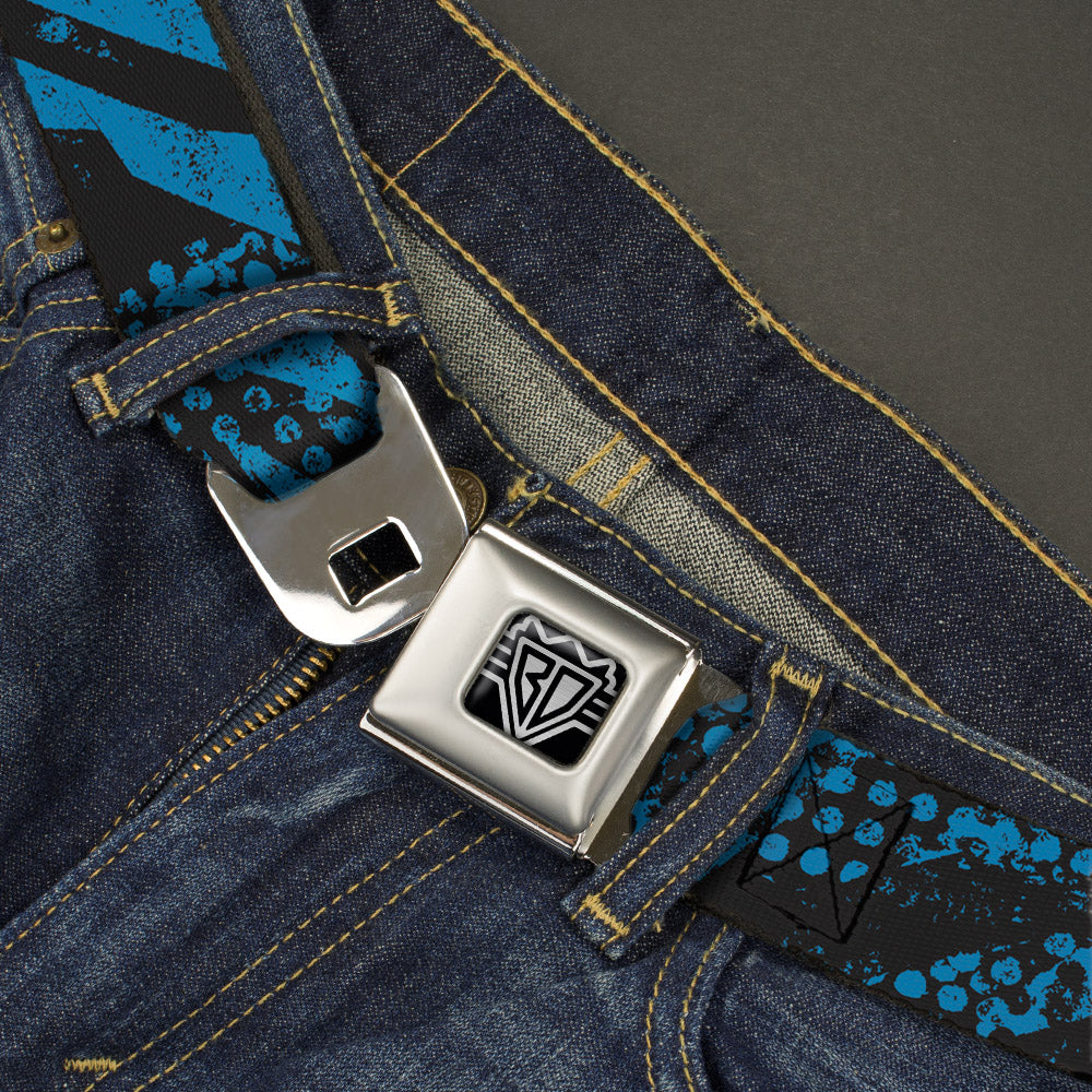 BD Wings Logo CLOSE-UP Full Color Black Silver Seatbelt Belt - Grunge Tread Blue Webbing Seatbelt Belts Buckle-Down