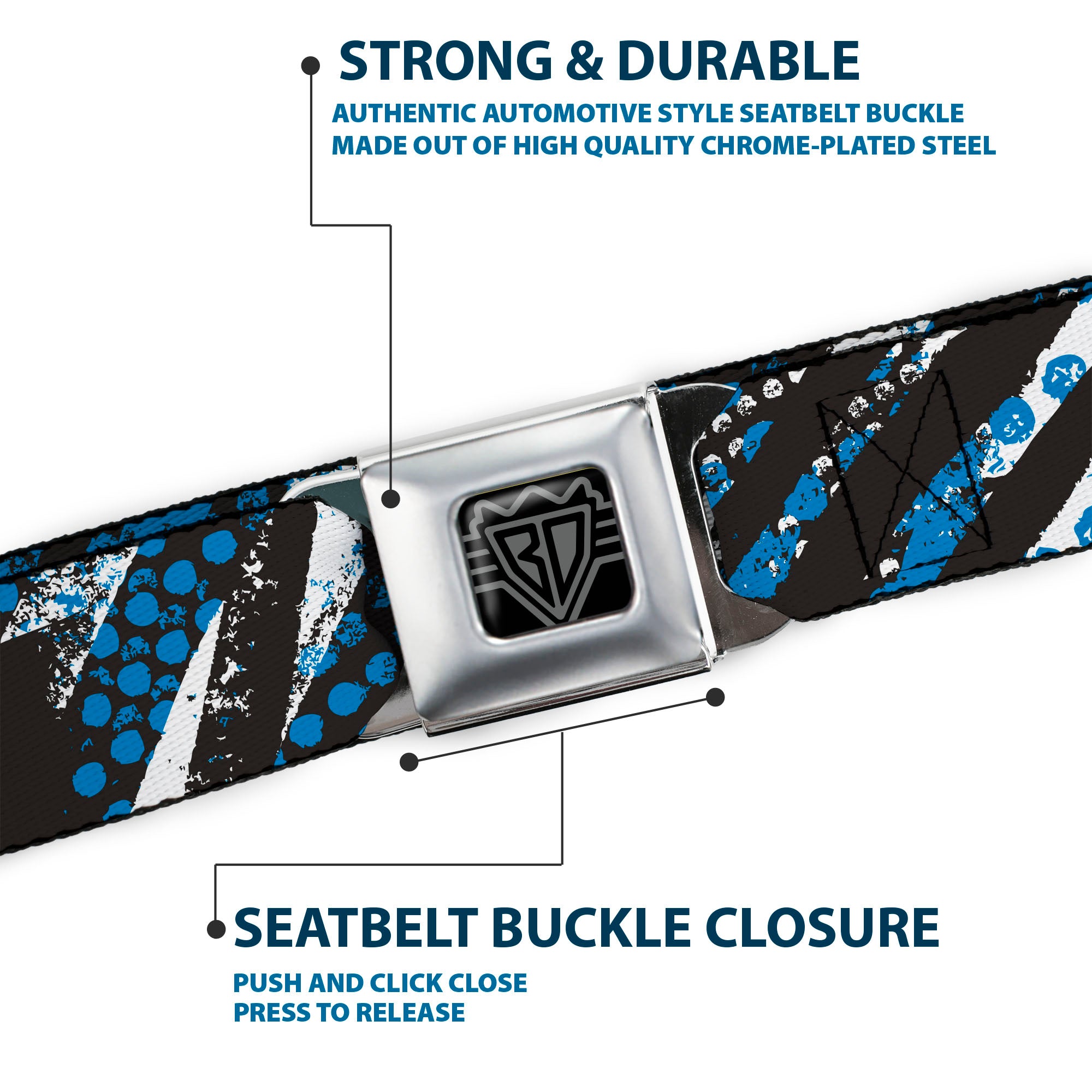 BD Wings Logo CLOSE-UP Full Color Black Silver Seatbelt Belt - Grunge Tread Blue Webbing Seatbelt Belts Buckle-Down