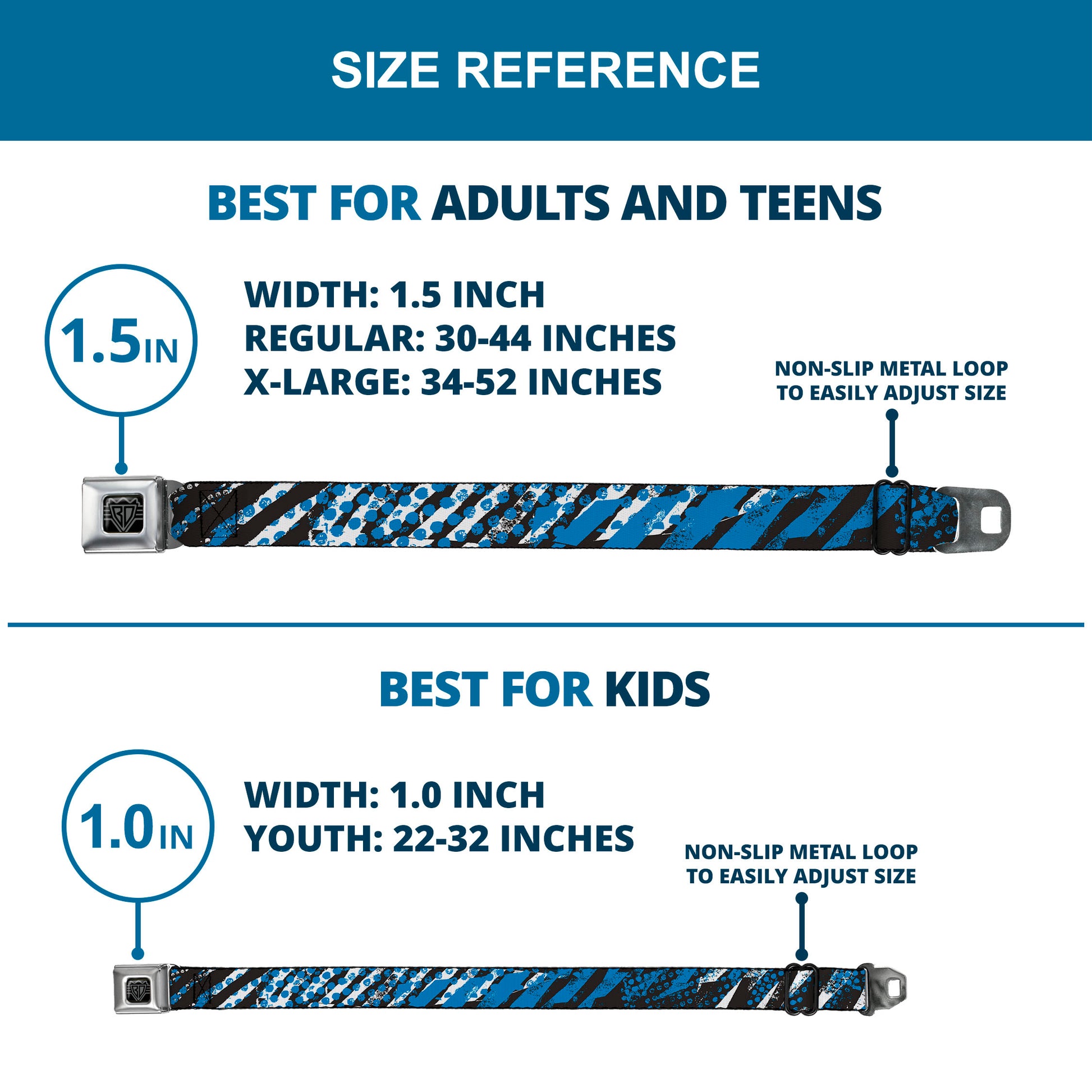 BD Wings Logo CLOSE-UP Full Color Black Silver Seatbelt Belt - Grunge Tread Blue Webbing Seatbelt Belts Buckle-Down