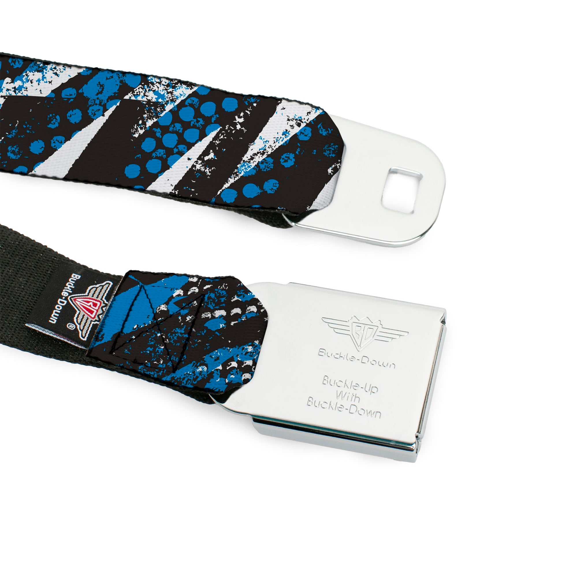 BD Wings Logo CLOSE-UP Full Color Black Silver Seatbelt Belt - Grunge Tread Blue Webbing Seatbelt Belts Buckle-Down