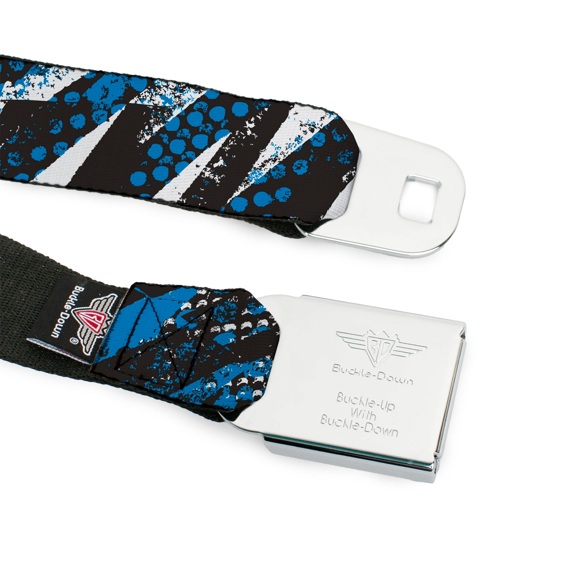 BD Wings Logo CLOSE-UP Full Color Black Silver Seatbelt Belt - Grunge Tread Blue Webbing Seatbelt Belts Buckle-Down