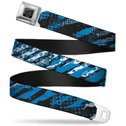BD Wings Logo CLOSE-UP Full Color Black Silver Seatbelt Belt - Grunge Tread Blue Webbing Seatbelt Belts Buckle-Down