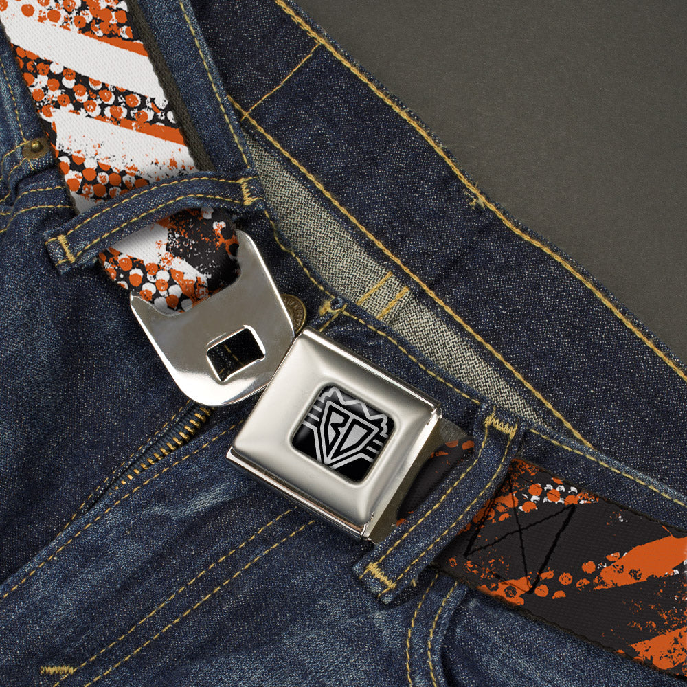 BD Wings Logo CLOSE-UP Full Color Black Silver Seatbelt Belt - Grunge Tread Orange Webbing Seatbelt Belts Buckle-Down