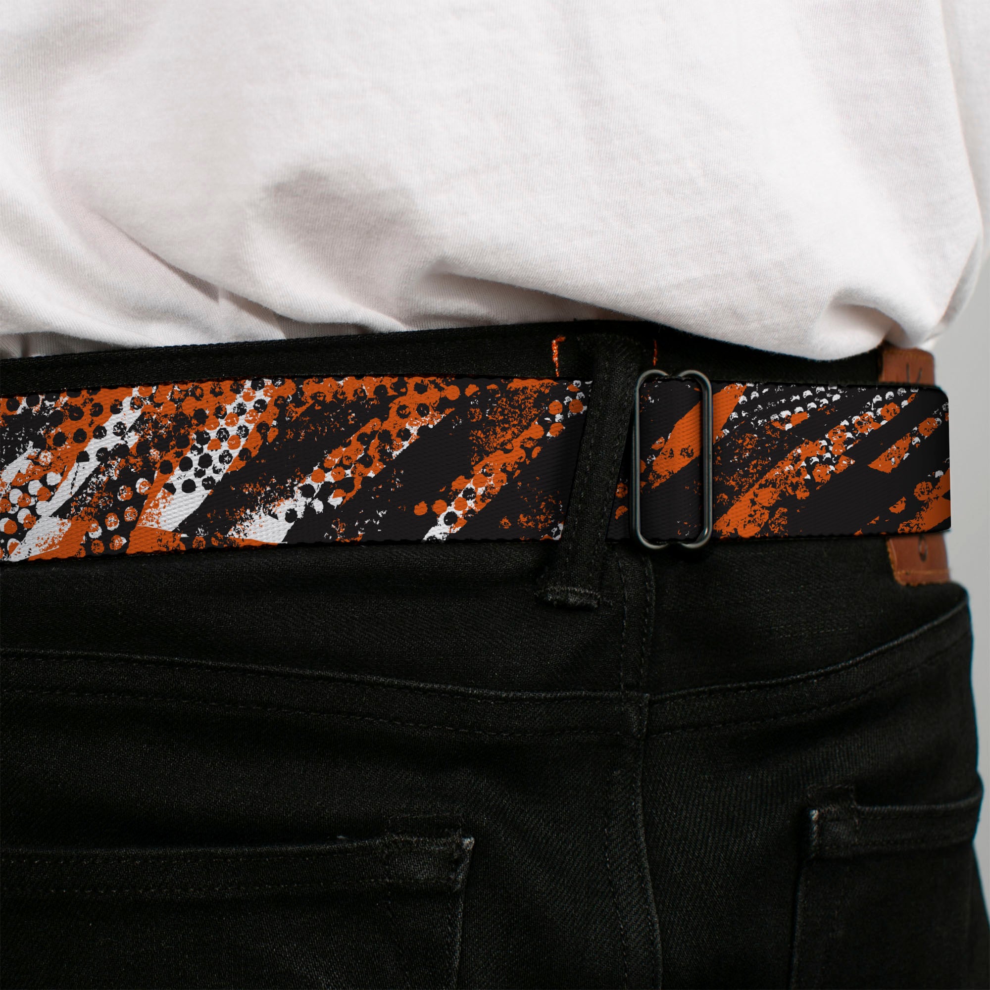 BD Wings Logo CLOSE-UP Full Color Black Silver Seatbelt Belt - Grunge Tread Orange Webbing Seatbelt Belts Buckle-Down