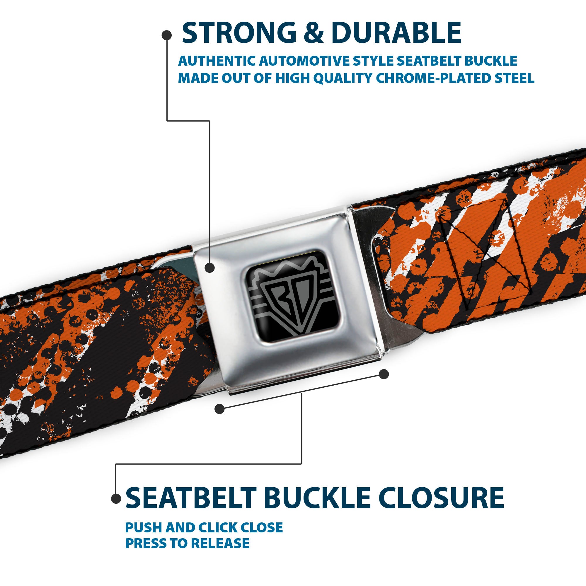 BD Wings Logo CLOSE-UP Full Color Black Silver Seatbelt Belt - Grunge Tread Orange Webbing Seatbelt Belts Buckle-Down