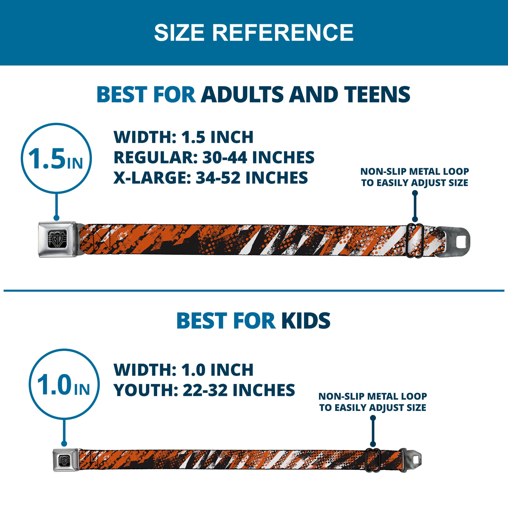 BD Wings Logo CLOSE-UP Full Color Black Silver Seatbelt Belt - Grunge Tread Orange Webbing Seatbelt Belts Buckle-Down