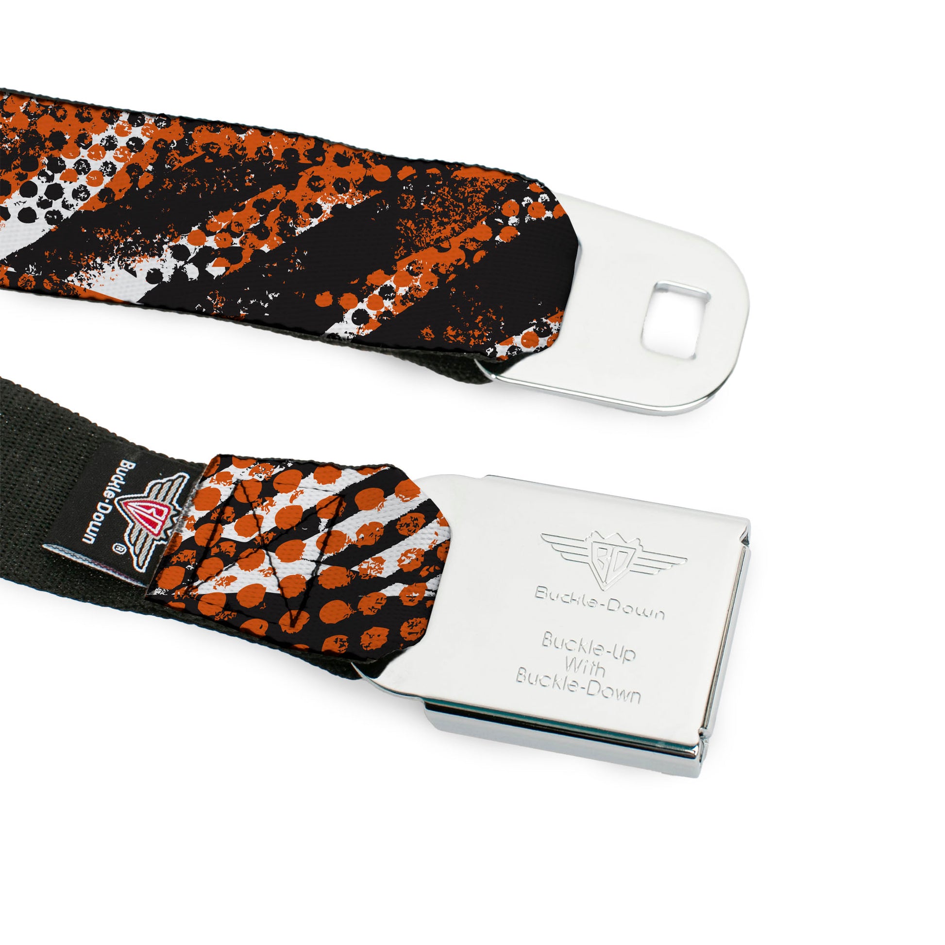 BD Wings Logo CLOSE-UP Full Color Black Silver Seatbelt Belt - Grunge Tread Orange Webbing Seatbelt Belts Buckle-Down