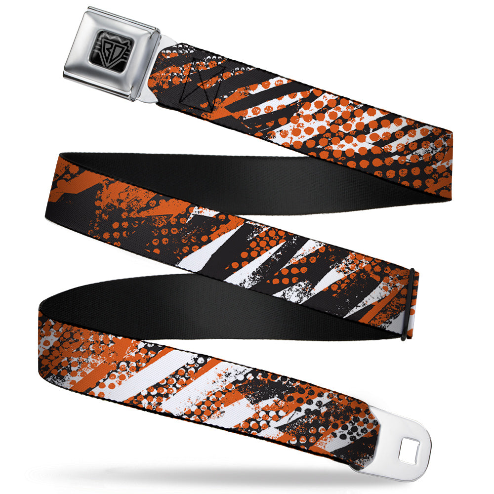BD Wings Logo CLOSE-UP Full Color Black Silver Seatbelt Belt - Grunge Tread Orange Webbing Seatbelt Belts Buckle-Down