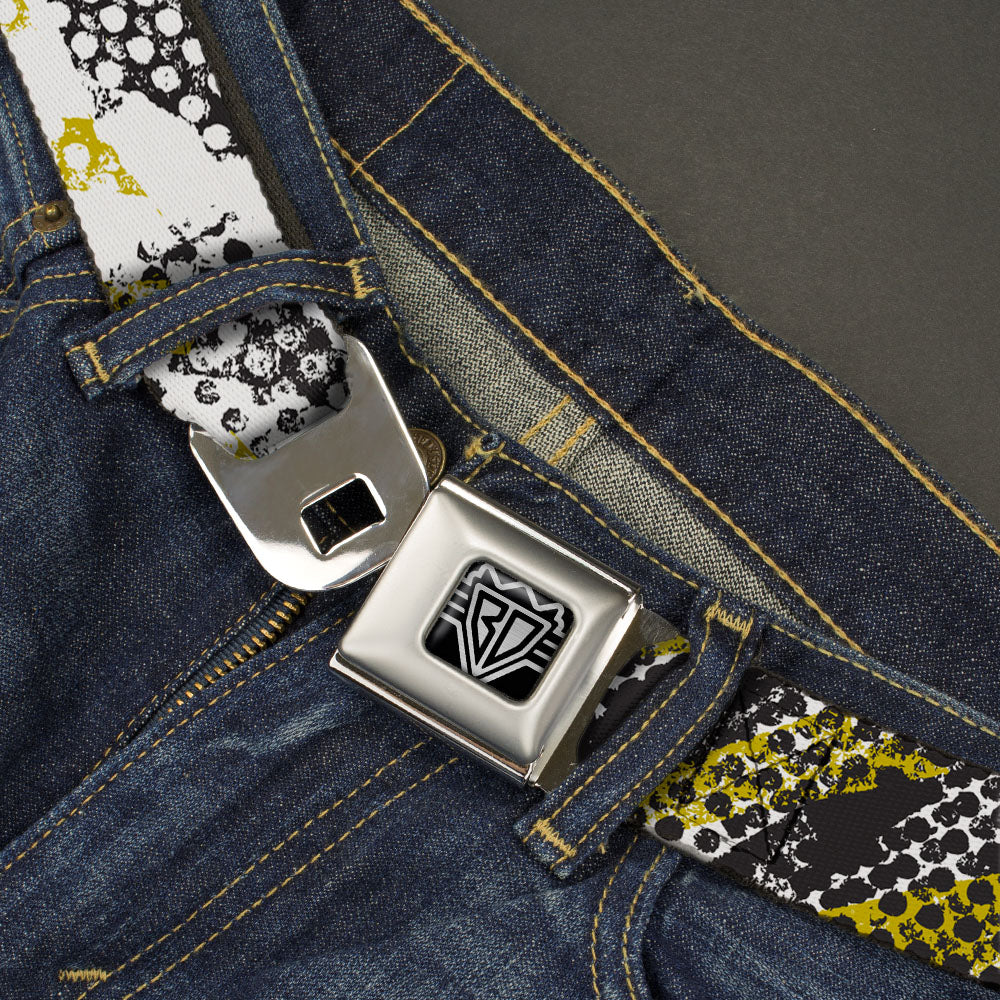 BD Wings Logo CLOSE-UP Full Color Black Silver Seatbelt Belt - Grunge Tread Yellow Webbing Seatbelt Belts Buckle-Down