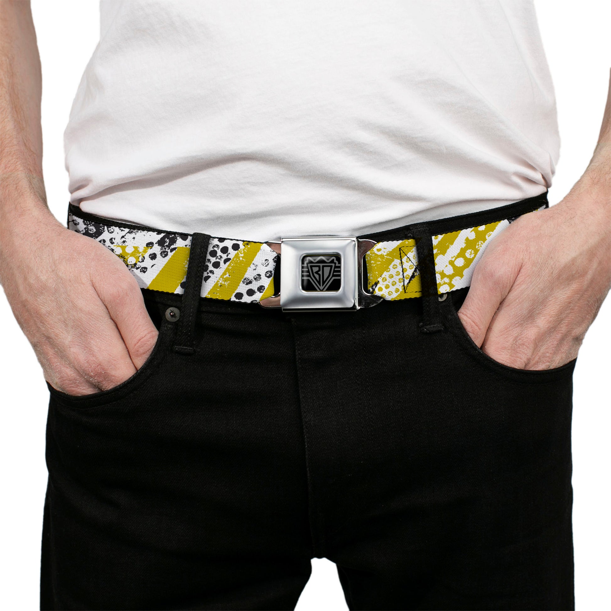 BD Wings Logo CLOSE-UP Full Color Black Silver Seatbelt Belt - Grunge Tread Yellow Webbing Seatbelt Belts Buckle-Down