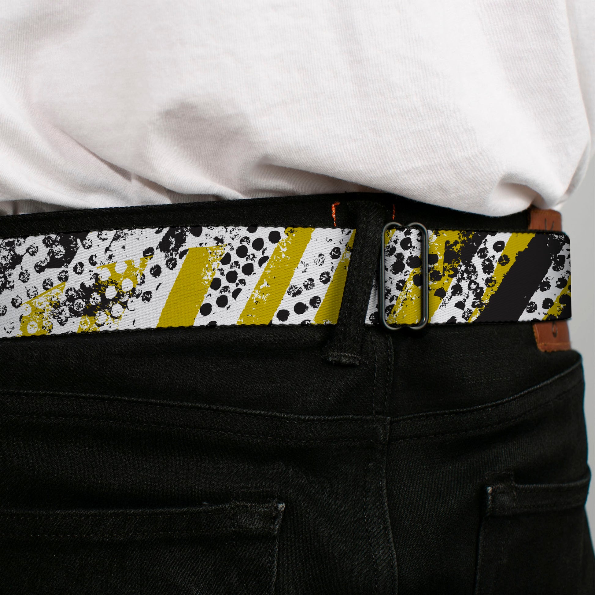 BD Wings Logo CLOSE-UP Full Color Black Silver Seatbelt Belt - Grunge Tread Yellow Webbing Seatbelt Belts Buckle-Down