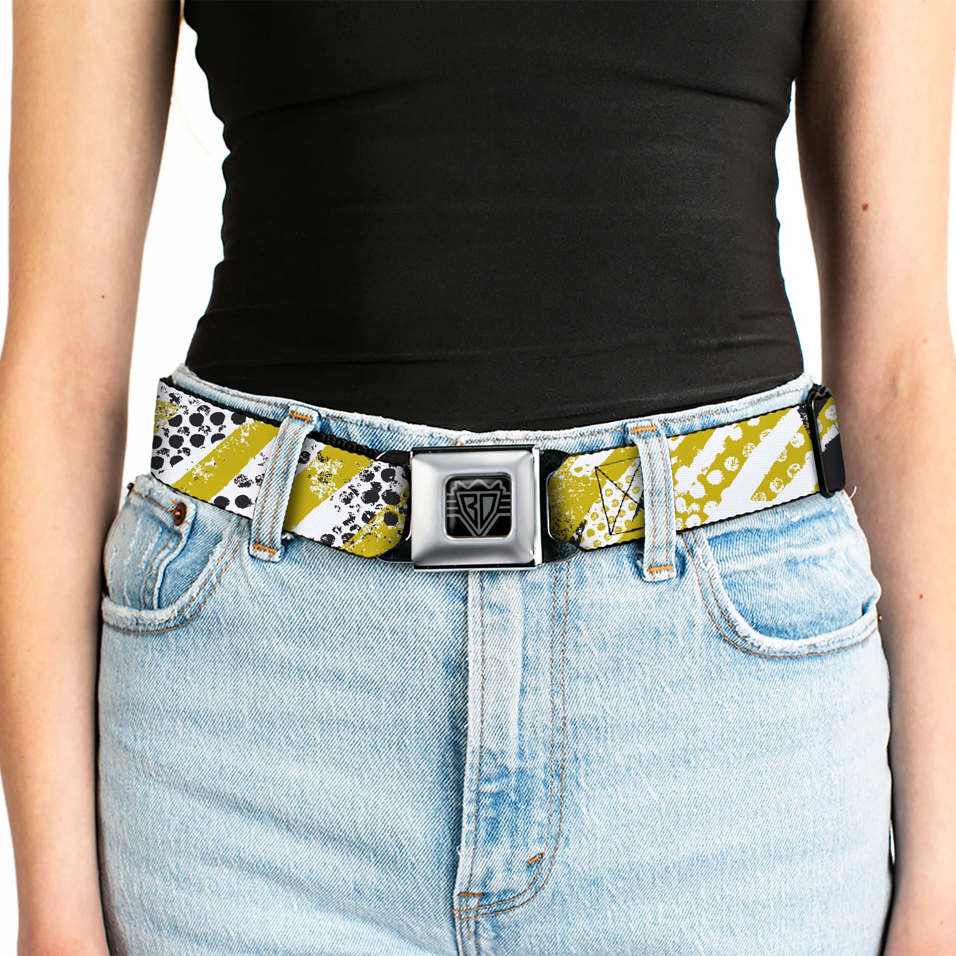 BD Wings Logo CLOSE-UP Full Color Black Silver Seatbelt Belt - Grunge Tread Yellow Webbing Seatbelt Belts Buckle-Down