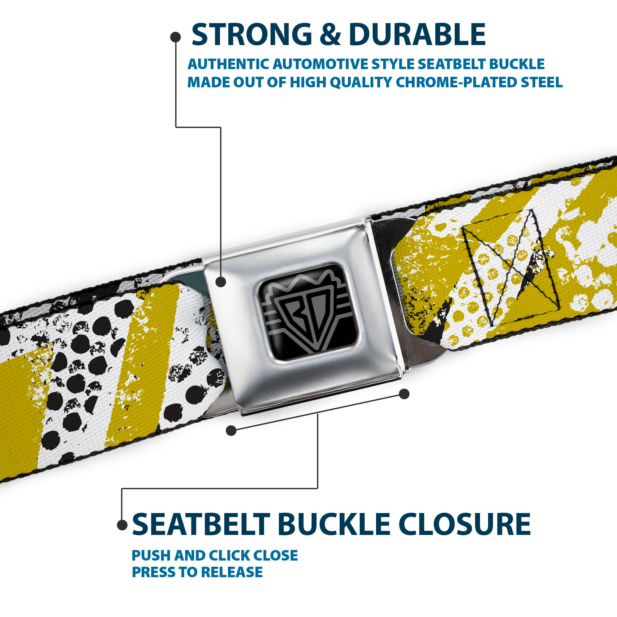 BD Wings Logo CLOSE-UP Full Color Black Silver Seatbelt Belt - Grunge Tread Yellow Webbing Seatbelt Belts Buckle-Down