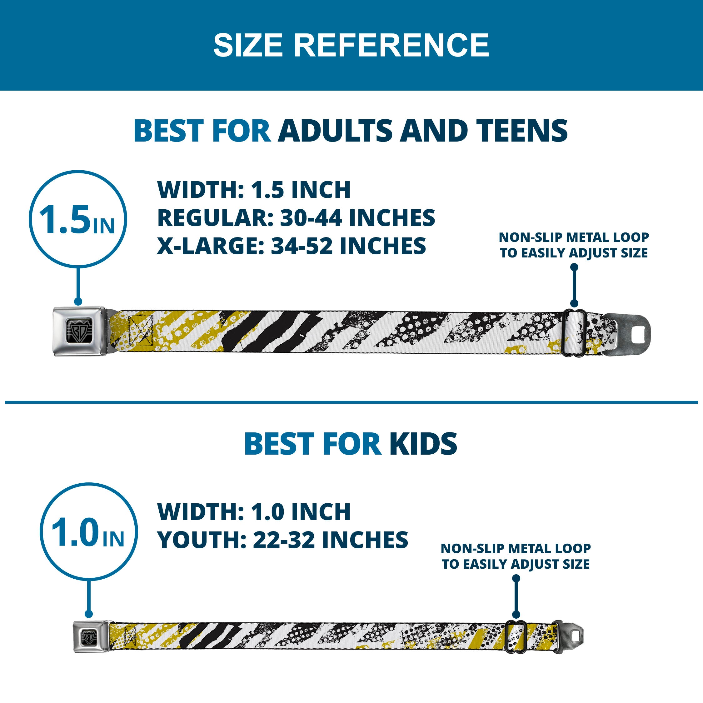 BD Wings Logo CLOSE-UP Full Color Black Silver Seatbelt Belt - Grunge Tread Yellow Webbing Seatbelt Belts Buckle-Down