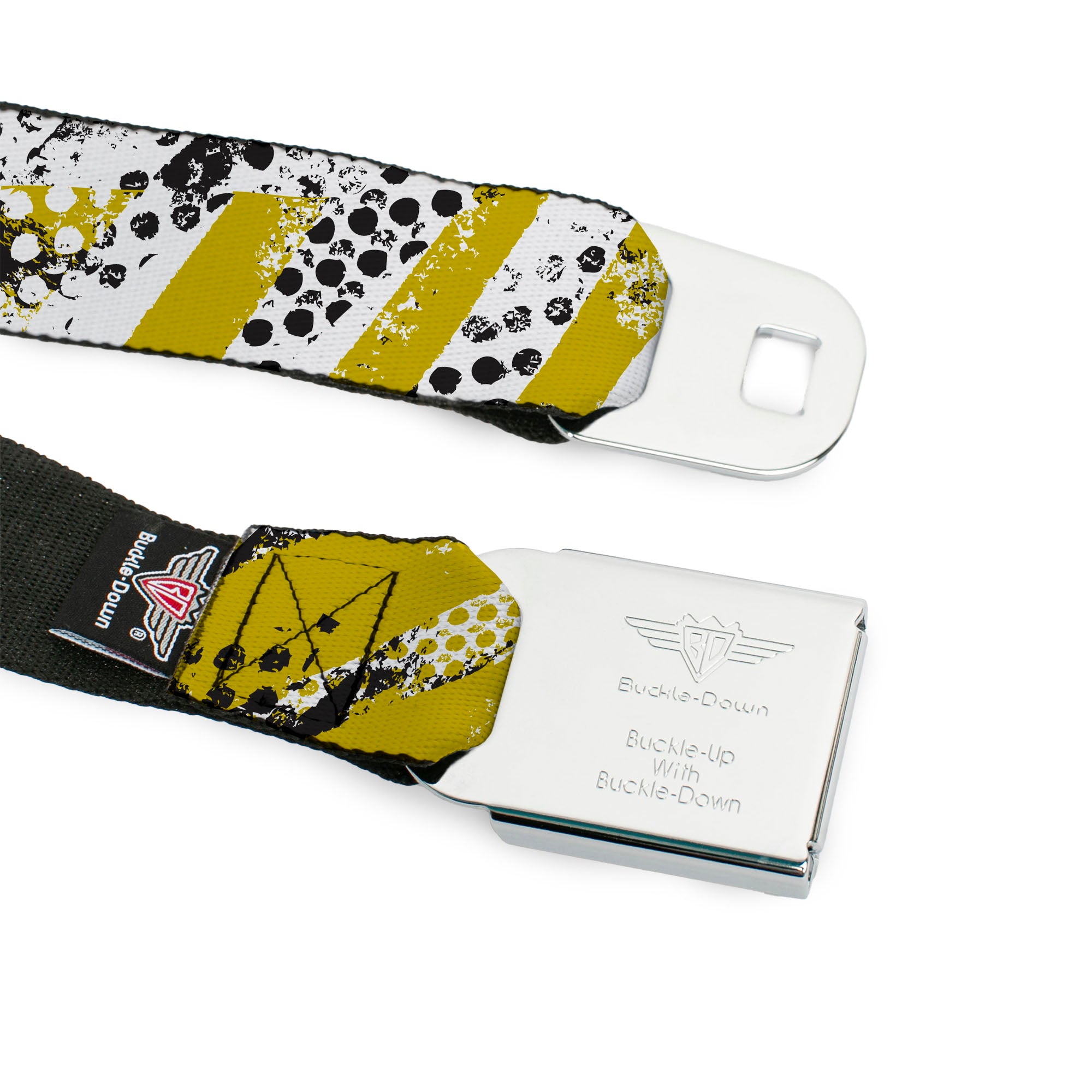 BD Wings Logo CLOSE-UP Full Color Black Silver Seatbelt Belt - Grunge Tread Yellow Webbing Seatbelt Belts Buckle-Down