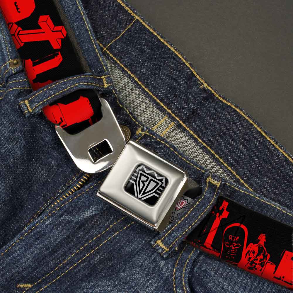 BD Wings Logo CLOSE-UP Full Color Black Silver Seatbelt Belt - Graveyard Black/Red Webbing Seatbelt Belts Buckle-Down