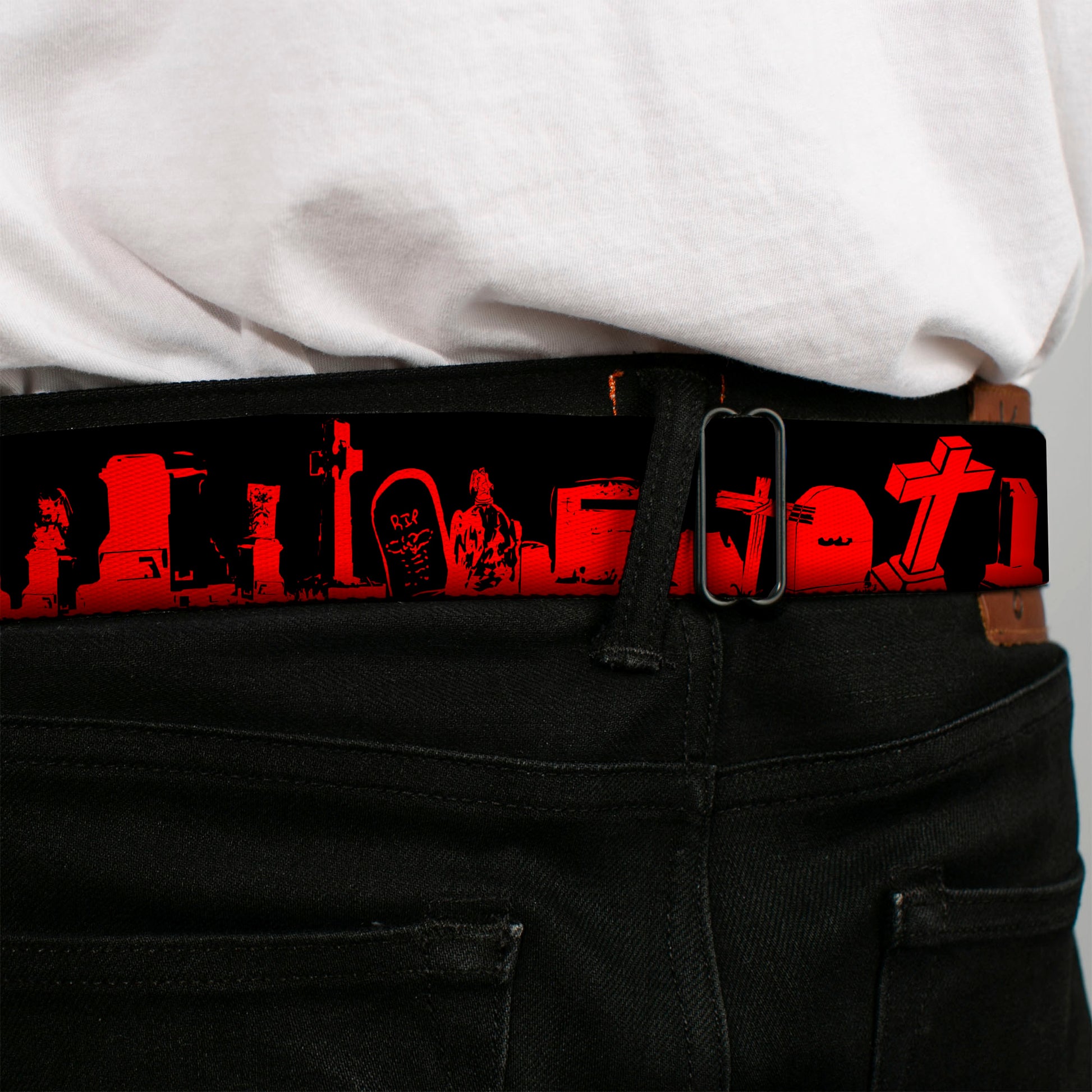 BD Wings Logo CLOSE-UP Full Color Black Silver Seatbelt Belt - Graveyard Black/Red Webbing Seatbelt Belts Buckle-Down
