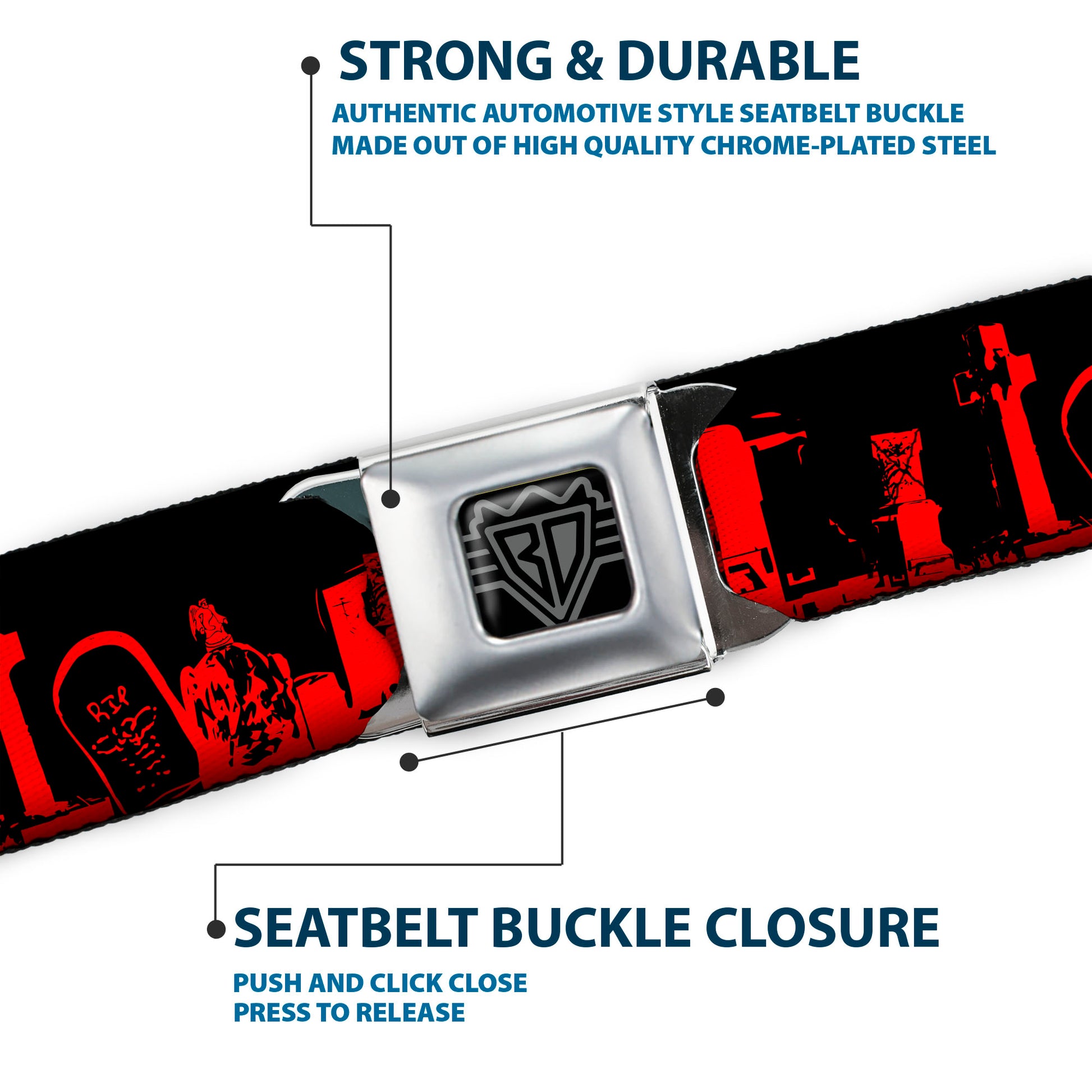 BD Wings Logo CLOSE-UP Full Color Black Silver Seatbelt Belt - Graveyard Black/Red Webbing Seatbelt Belts Buckle-Down
