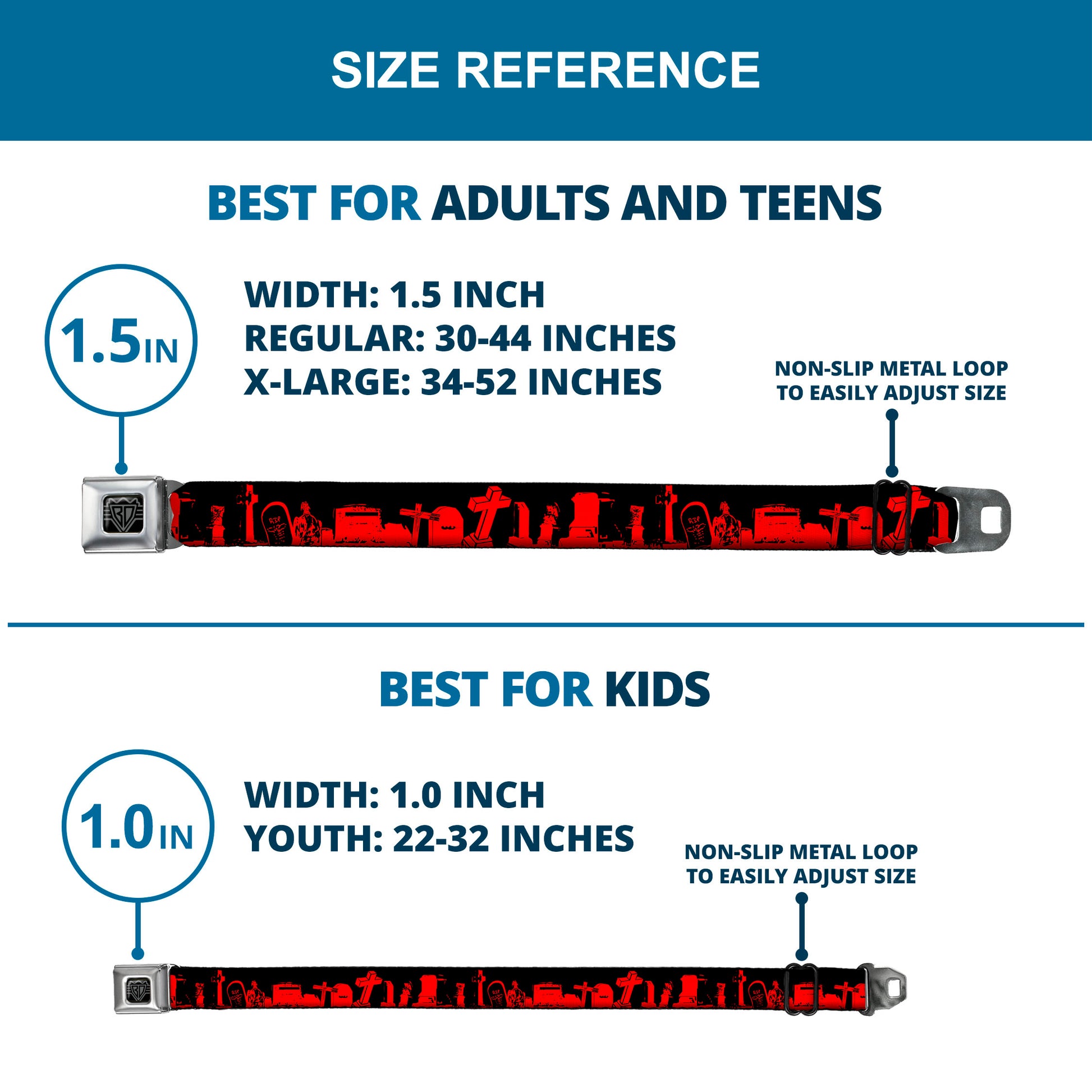 BD Wings Logo CLOSE-UP Full Color Black Silver Seatbelt Belt - Graveyard Black/Red Webbing Seatbelt Belts Buckle-Down