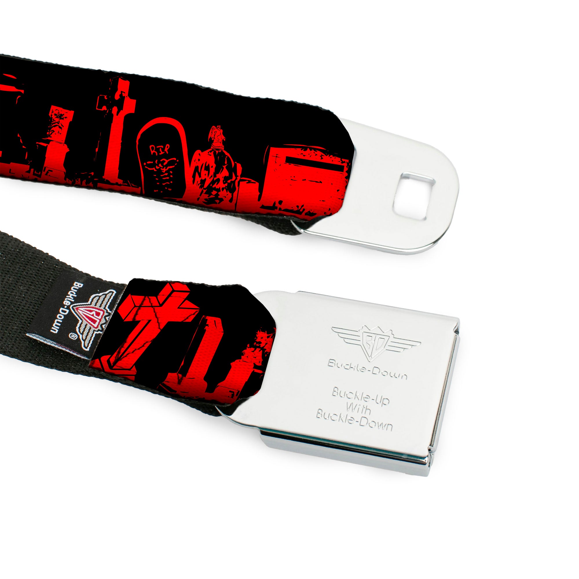 BD Wings Logo CLOSE-UP Full Color Black Silver Seatbelt Belt - Graveyard Black/Red Webbing Seatbelt Belts Buckle-Down