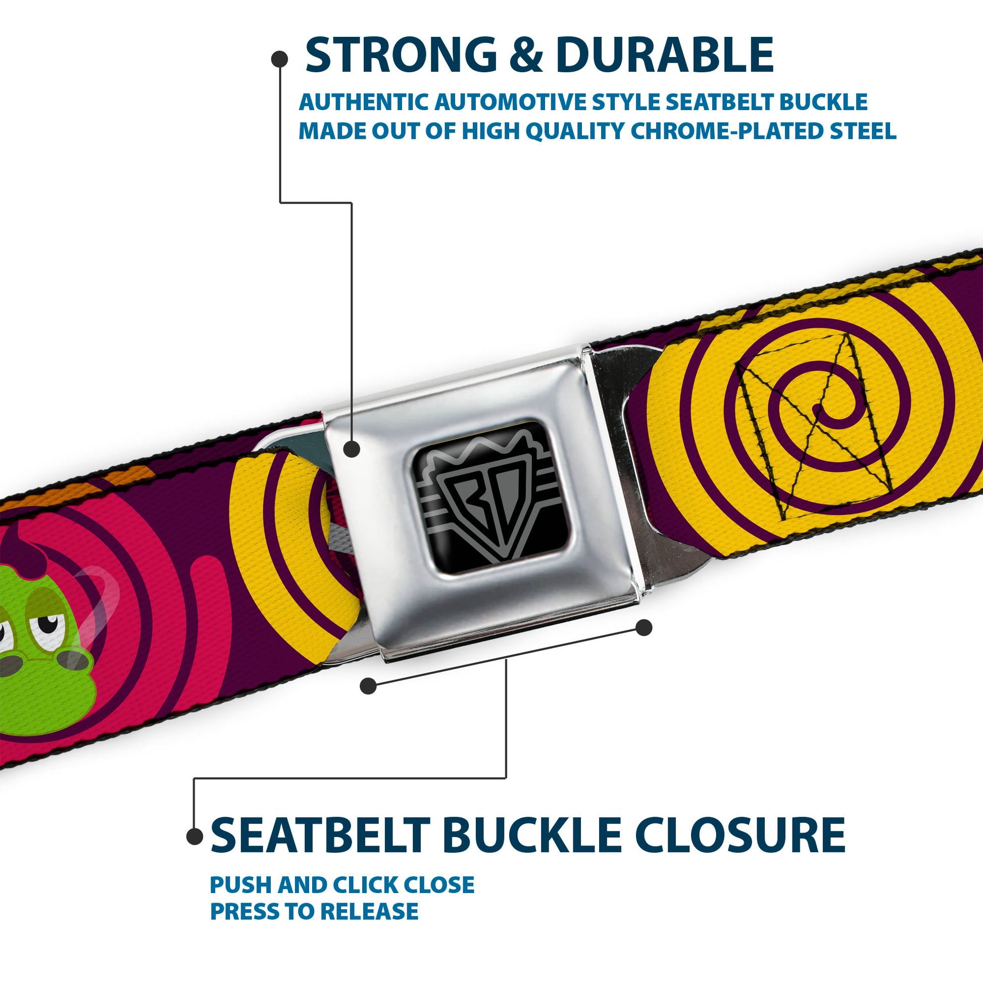 BD Wings Logo CLOSE-UP Full Color Black Silver Seatbelt Belt - Green Dragons Smoking Purple Webbing Seatbelt Belts Buckle-Down