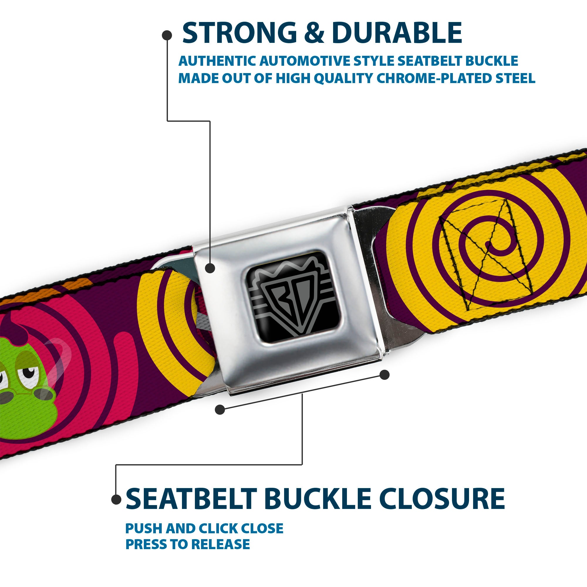 BD Wings Logo CLOSE-UP Full Color Black Silver Seatbelt Belt - Green Dragons Smoking Purple Webbing Seatbelt Belts Buckle-Down