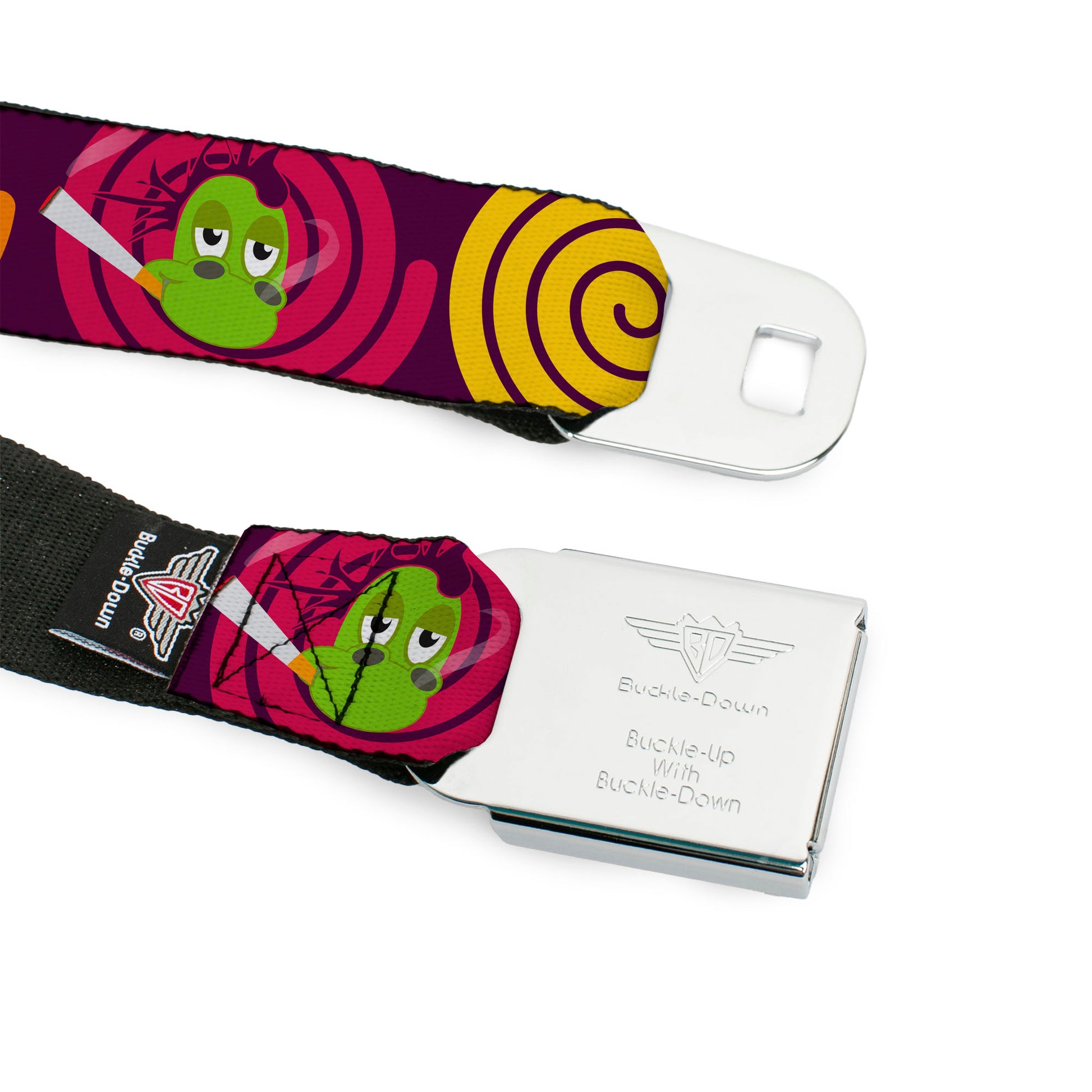 BD Wings Logo CLOSE-UP Full Color Black Silver Seatbelt Belt - Green Dragons Smoking Purple Webbing Seatbelt Belts Buckle-Down