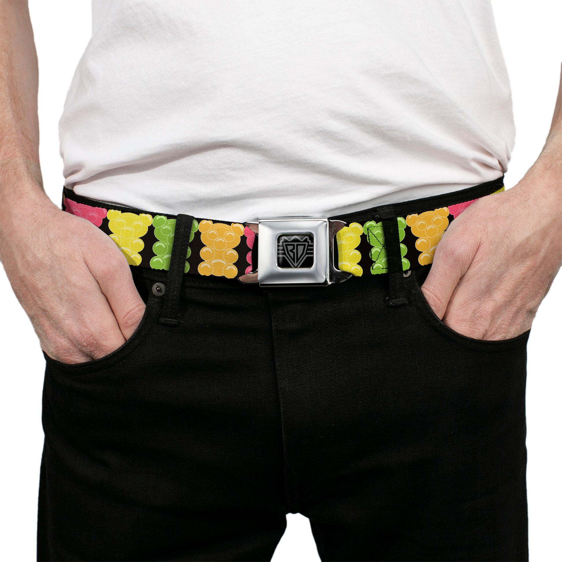 BD Wings Logo CLOSE-UP Full Color Black Silver Seatbelt Belt - Gummy Bears Cartoon Black/Red/Yellow/Green Webbing Seatbelt Belts Buckle-Down