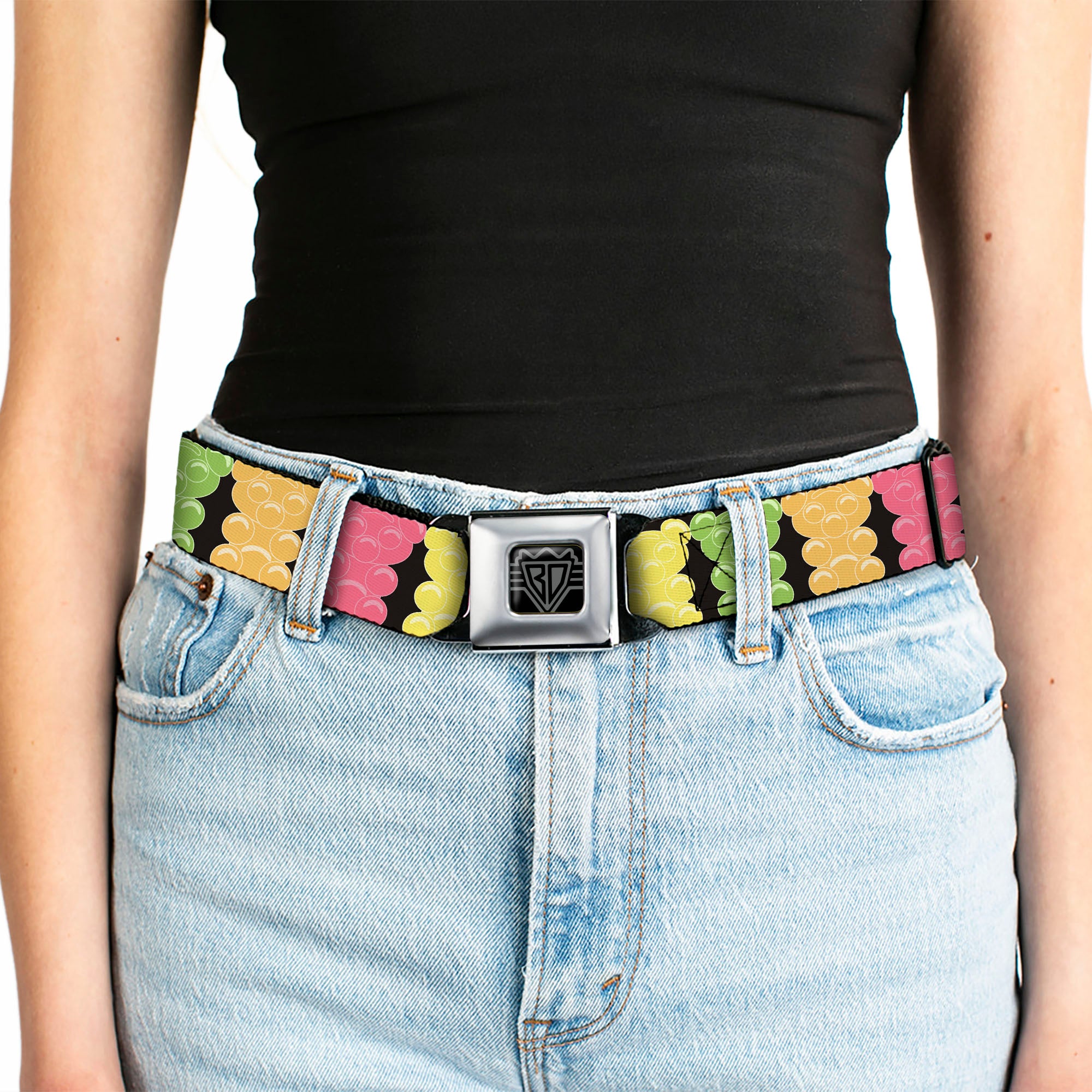 BD Wings Logo CLOSE-UP Full Color Black Silver Seatbelt Belt - Gummy Bears Cartoon Black/Red/Yellow/Green Webbing Seatbelt Belts Buckle-Down
