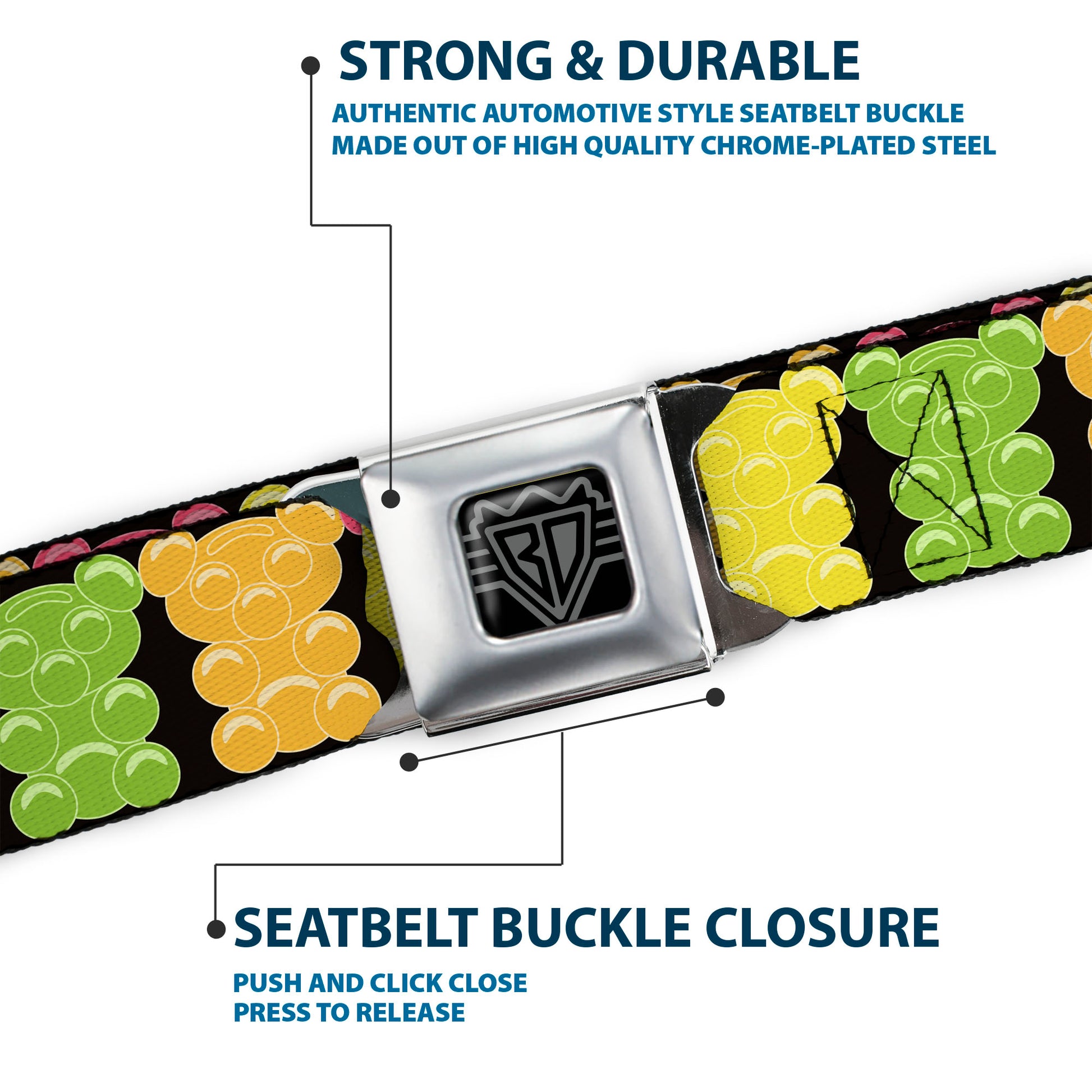 BD Wings Logo CLOSE-UP Full Color Black Silver Seatbelt Belt - Gummy Bears Cartoon Black/Red/Yellow/Green Webbing Seatbelt Belts Buckle-Down