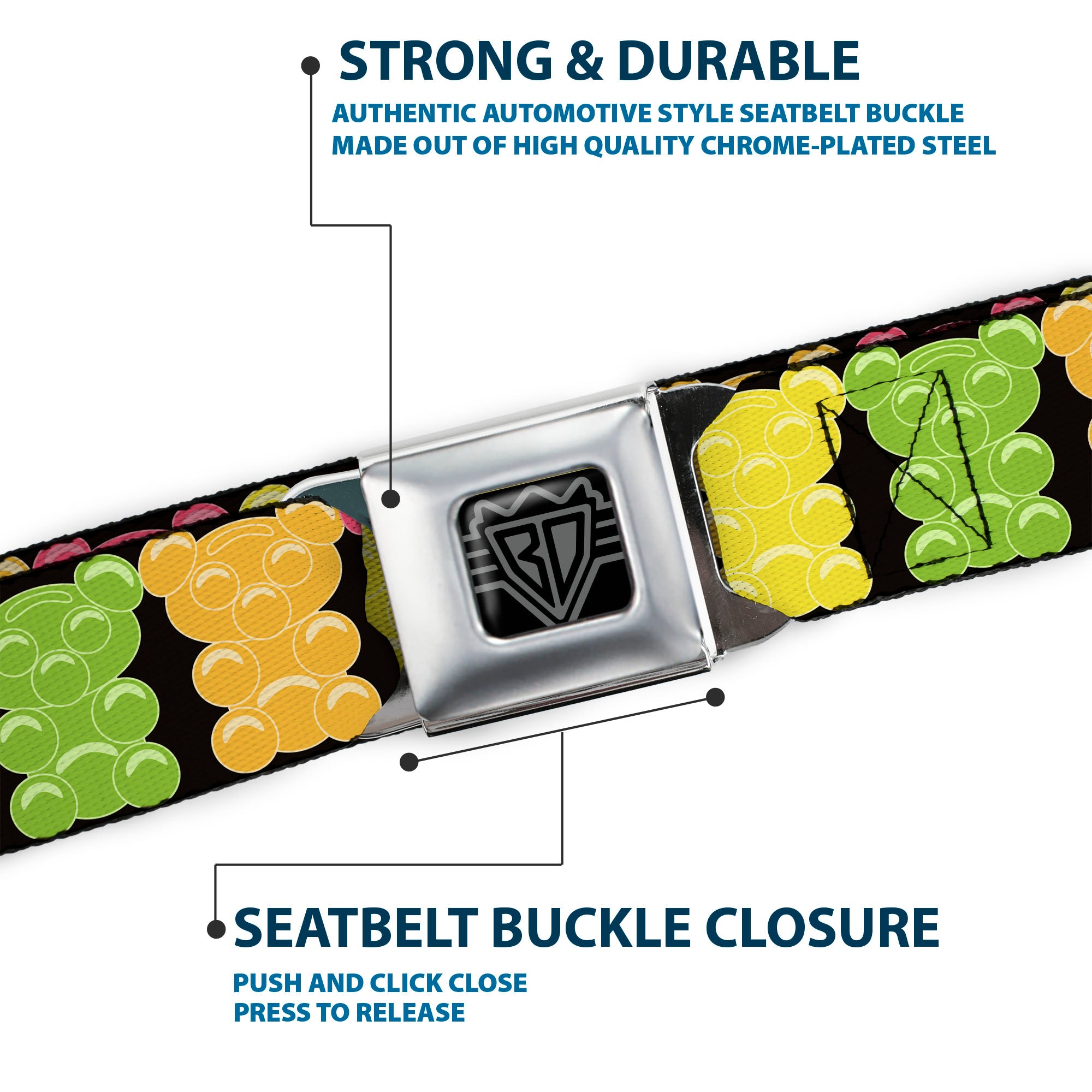 BD Wings Logo CLOSE-UP Full Color Black Silver Seatbelt Belt - Gummy Bears Cartoon Black/Red/Yellow/Green Webbing Seatbelt Belts Buckle-Down