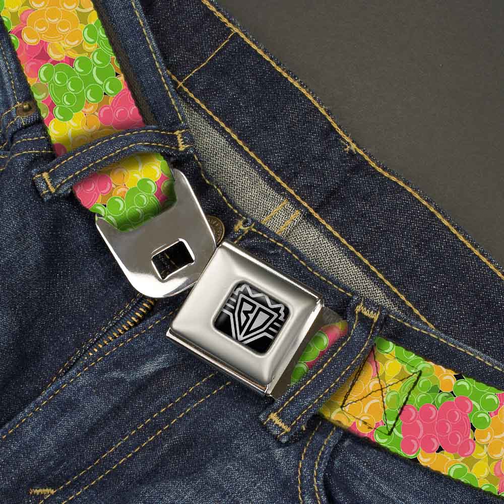 BD Wings Logo CLOSE-UP Full Color Black Silver Seatbelt Belt - Gummy Bears Stacked Multi Color Webbing Seatbelt Belts Buckle-Down