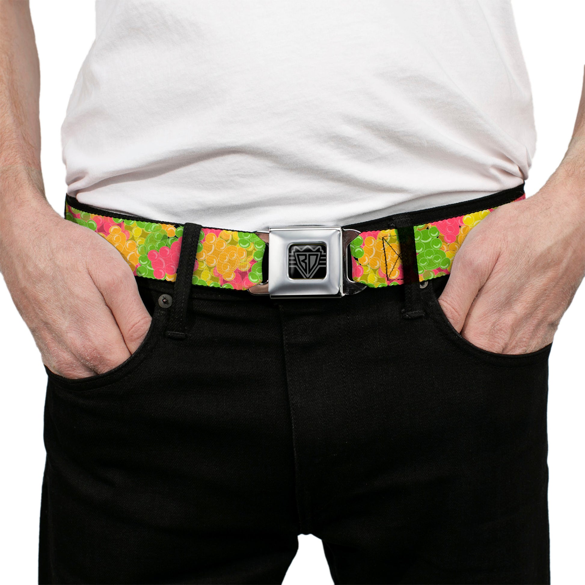 BD Wings Logo CLOSE-UP Full Color Black Silver Seatbelt Belt - Gummy Bears Stacked Multi Color Webbing Seatbelt Belts Buckle-Down