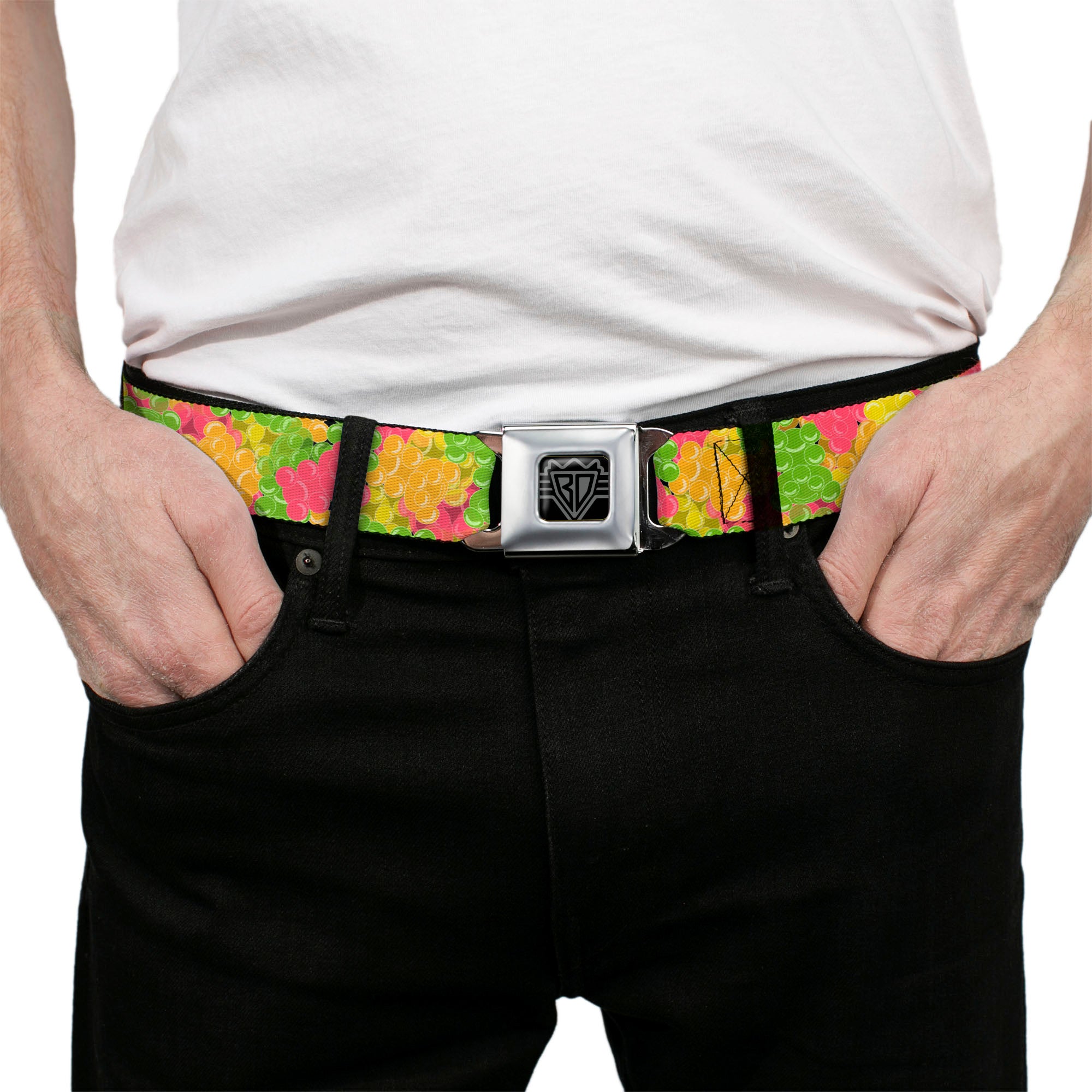 BD Wings Logo CLOSE-UP Full Color Black Silver Seatbelt Belt - Gummy Bears Stacked Multi Color Webbing Seatbelt Belts Buckle-Down
