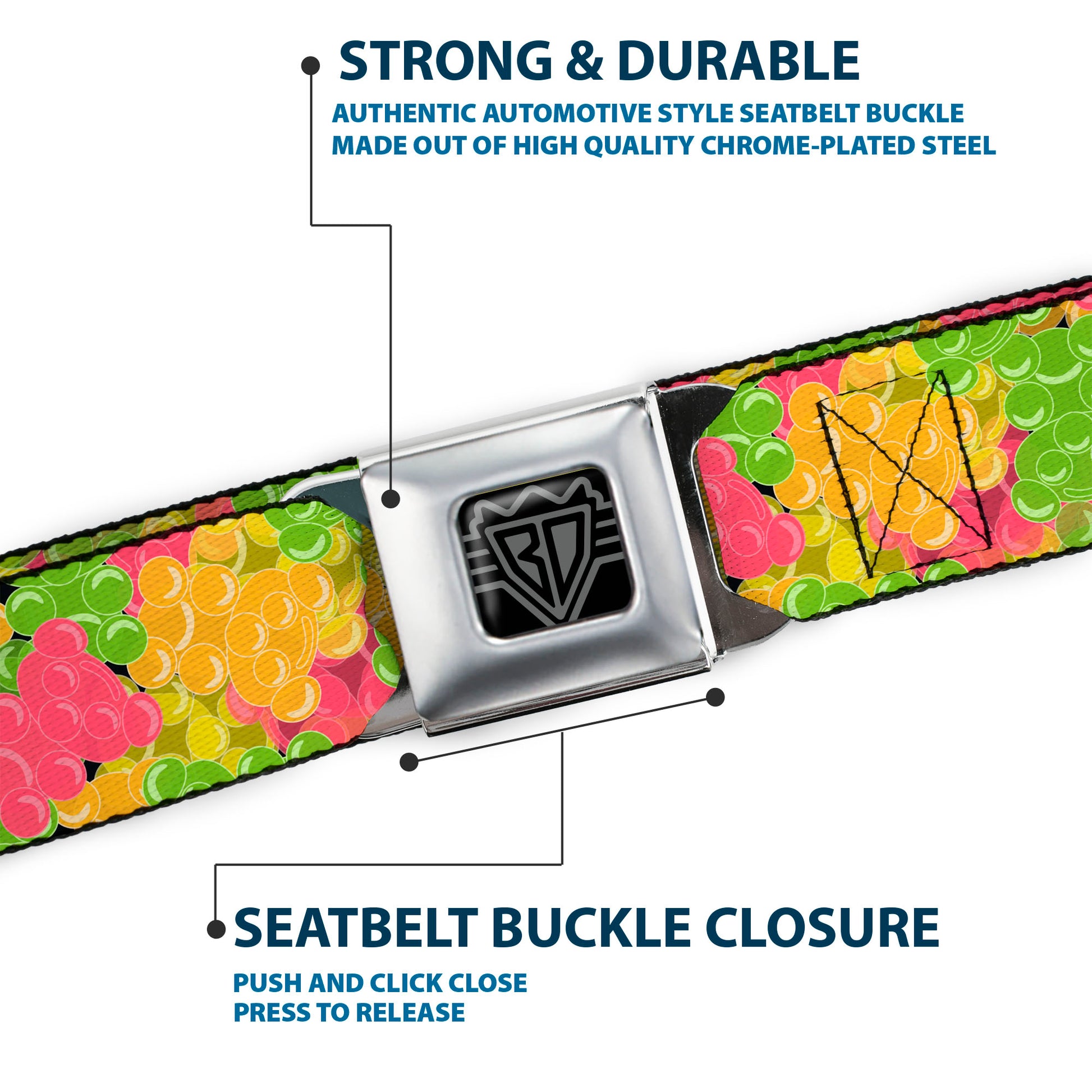 BD Wings Logo CLOSE-UP Full Color Black Silver Seatbelt Belt - Gummy Bears Stacked Multi Color Webbing Seatbelt Belts Buckle-Down