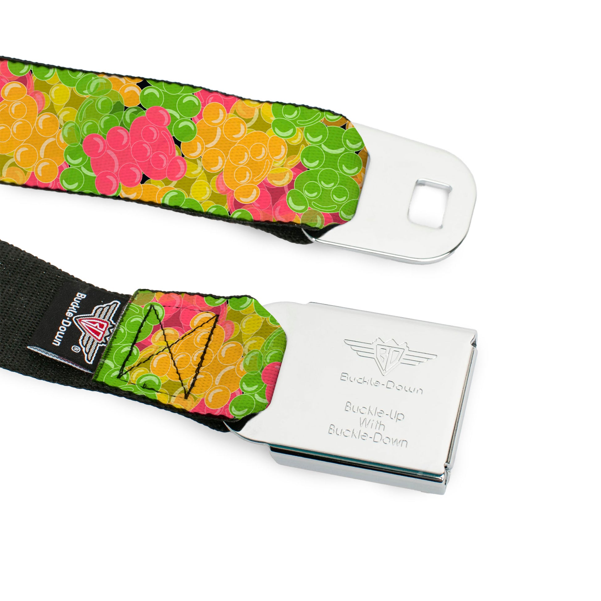 BD Wings Logo CLOSE-UP Full Color Black Silver Seatbelt Belt - Gummy Bears Stacked Multi Color Webbing Seatbelt Belts Buckle-Down