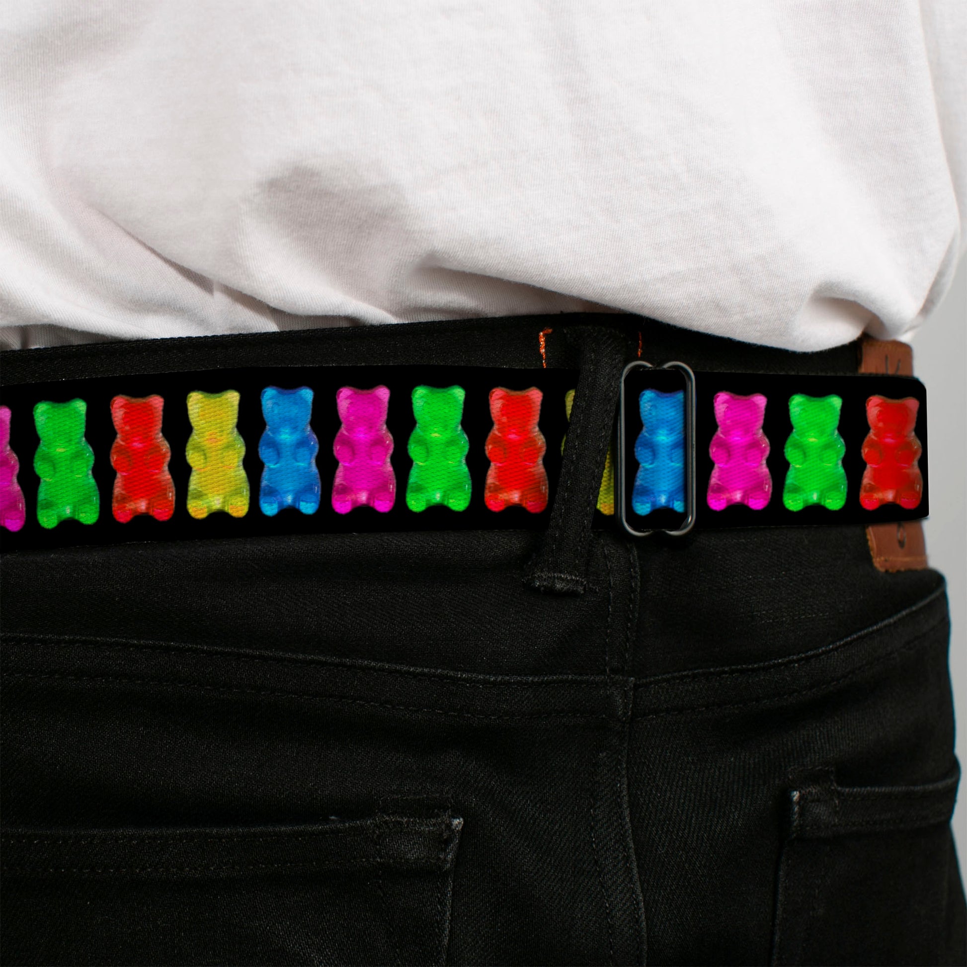 BD Wings Logo CLOSE-UP Full Color Black Silver Seatbelt Belt - Gummy Bears Black/Multi Color Webbing Seatbelt Belts Buckle-Down