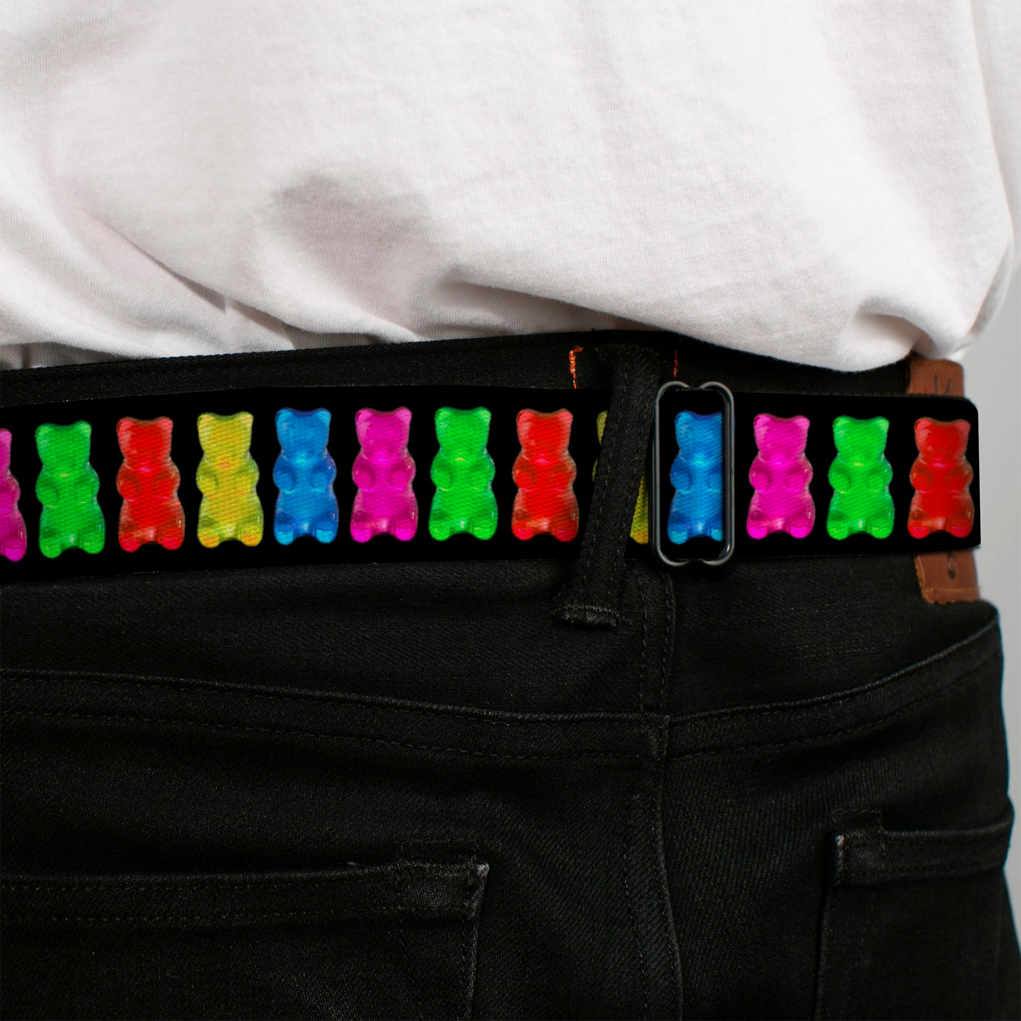 BD Wings Logo CLOSE-UP Full Color Black Silver Seatbelt Belt - Gummy Bears Black/Multi Color Webbing Seatbelt Belts Buckle-Down