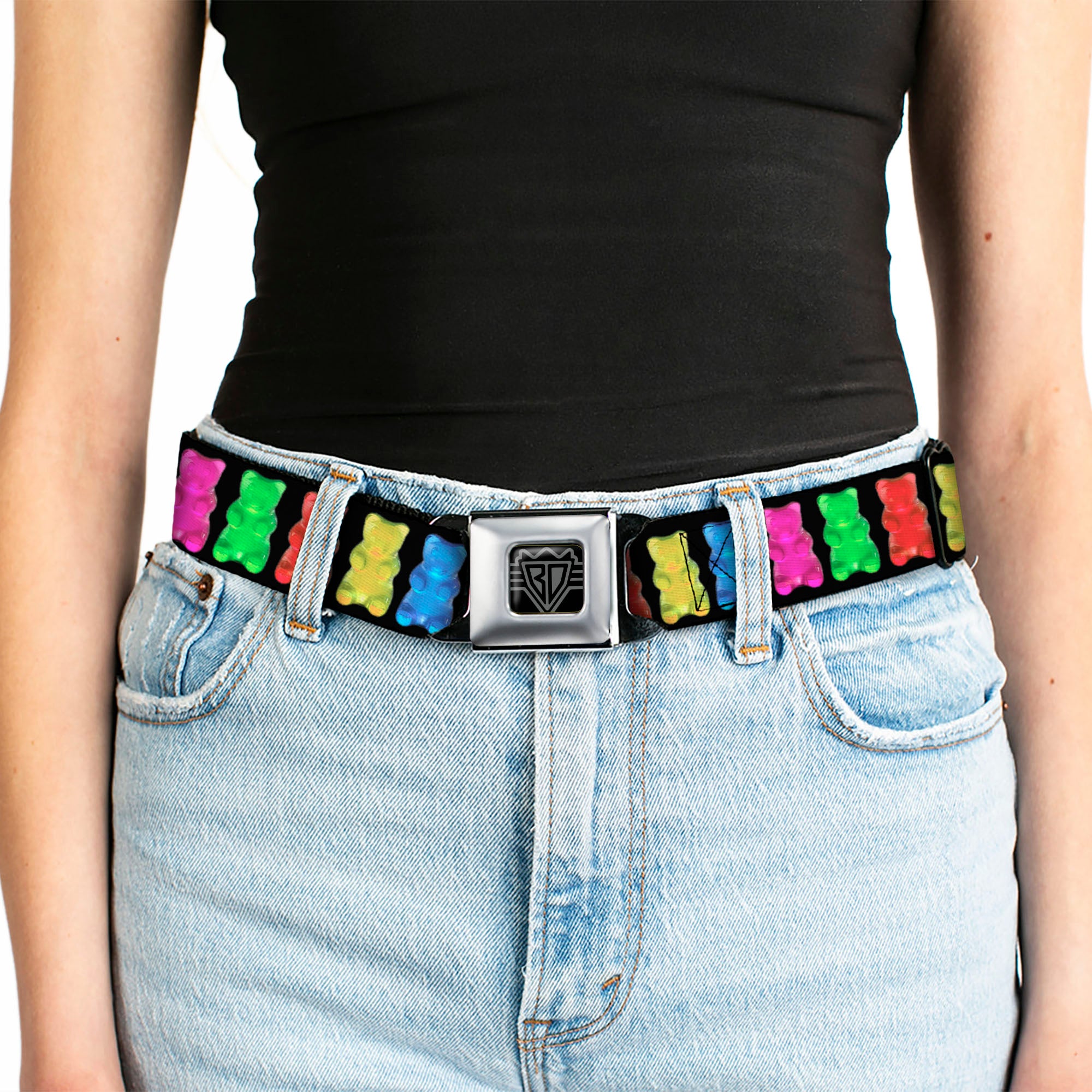 BD Wings Logo CLOSE-UP Full Color Black Silver Seatbelt Belt - Gummy Bears Black/Multi Color Webbing Seatbelt Belts Buckle-Down