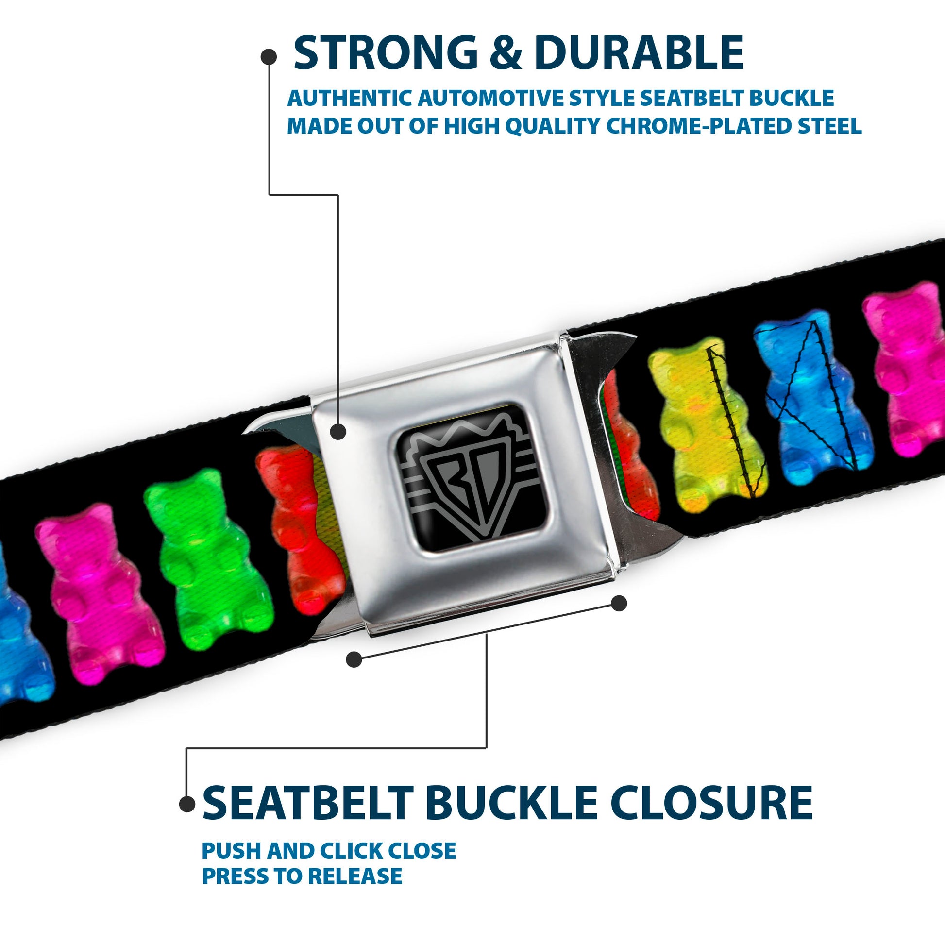 BD Wings Logo CLOSE-UP Full Color Black Silver Seatbelt Belt - Gummy Bears Black/Multi Color Webbing Seatbelt Belts Buckle-Down