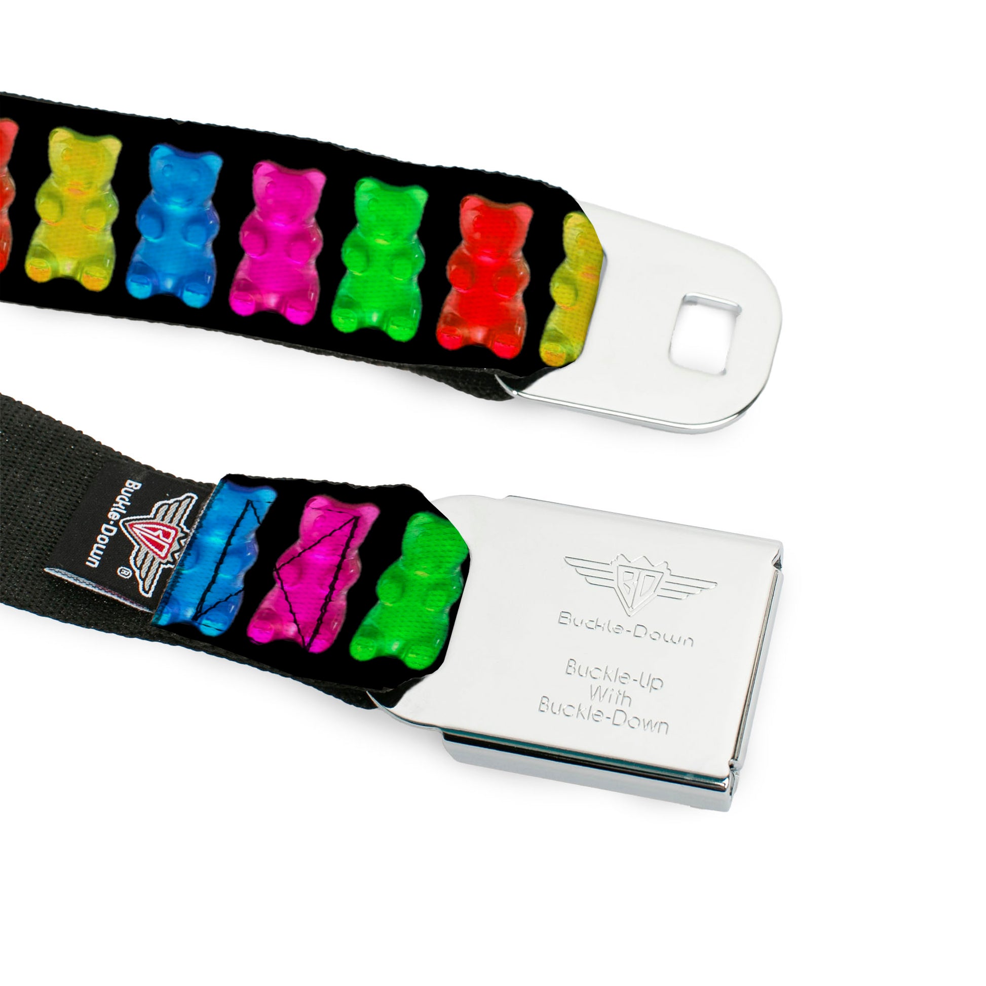 BD Wings Logo CLOSE-UP Full Color Black Silver Seatbelt Belt - Gummy Bears Black/Multi Color Webbing Seatbelt Belts Buckle-Down