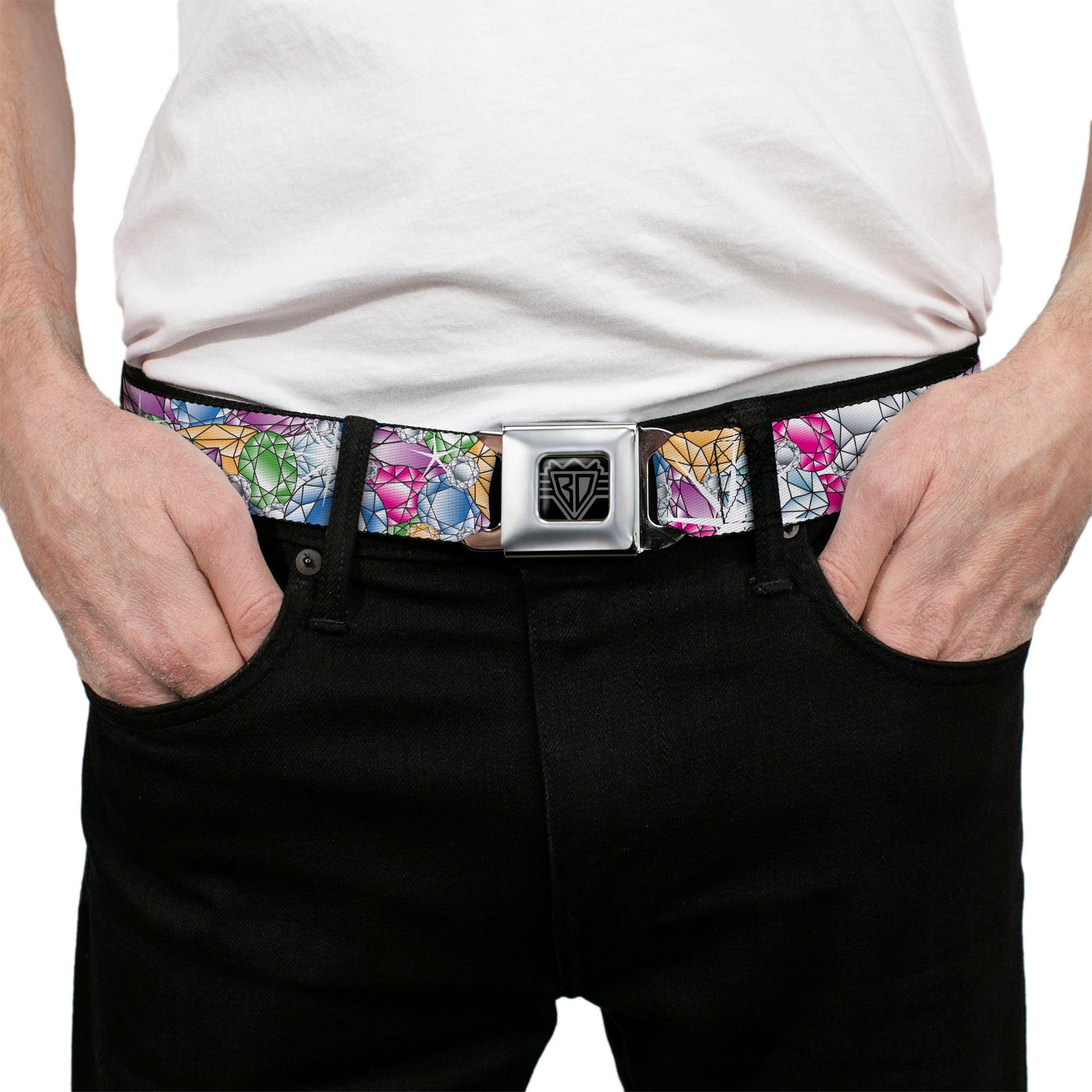 BD Wings Logo CLOSE-UP Full Color Black Silver Seatbelt Belt - Gems Stacked Multi Color Webbing Seatbelt Belts Buckle-Down