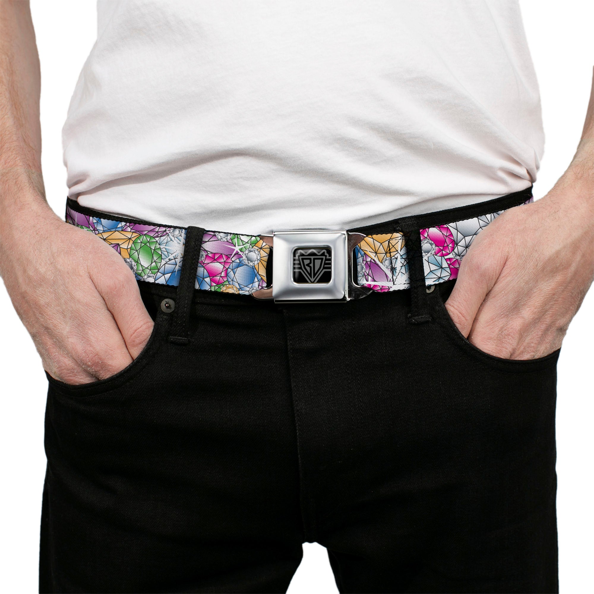 BD Wings Logo CLOSE-UP Full Color Black Silver Seatbelt Belt - Gems Stacked Multi Color Webbing Seatbelt Belts Buckle-Down