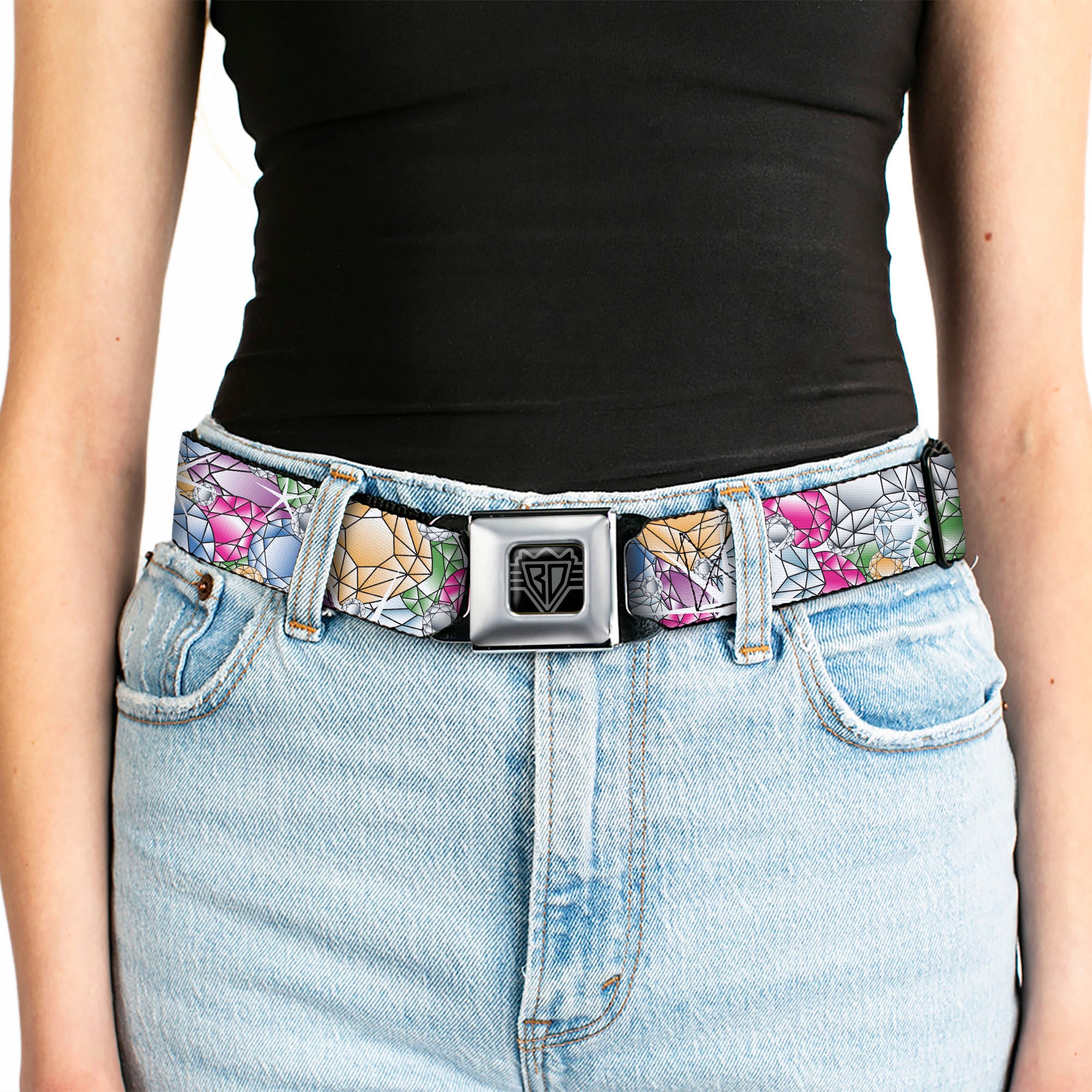 BD Wings Logo CLOSE-UP Full Color Black Silver Seatbelt Belt - Gems Stacked Multi Color Webbing Seatbelt Belts Buckle-Down