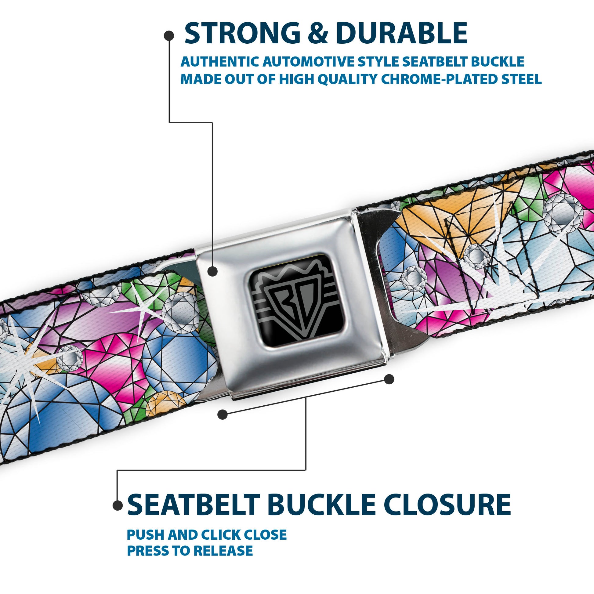 BD Wings Logo CLOSE-UP Full Color Black Silver Seatbelt Belt - Gems Stacked Multi Color Webbing Seatbelt Belts Buckle-Down